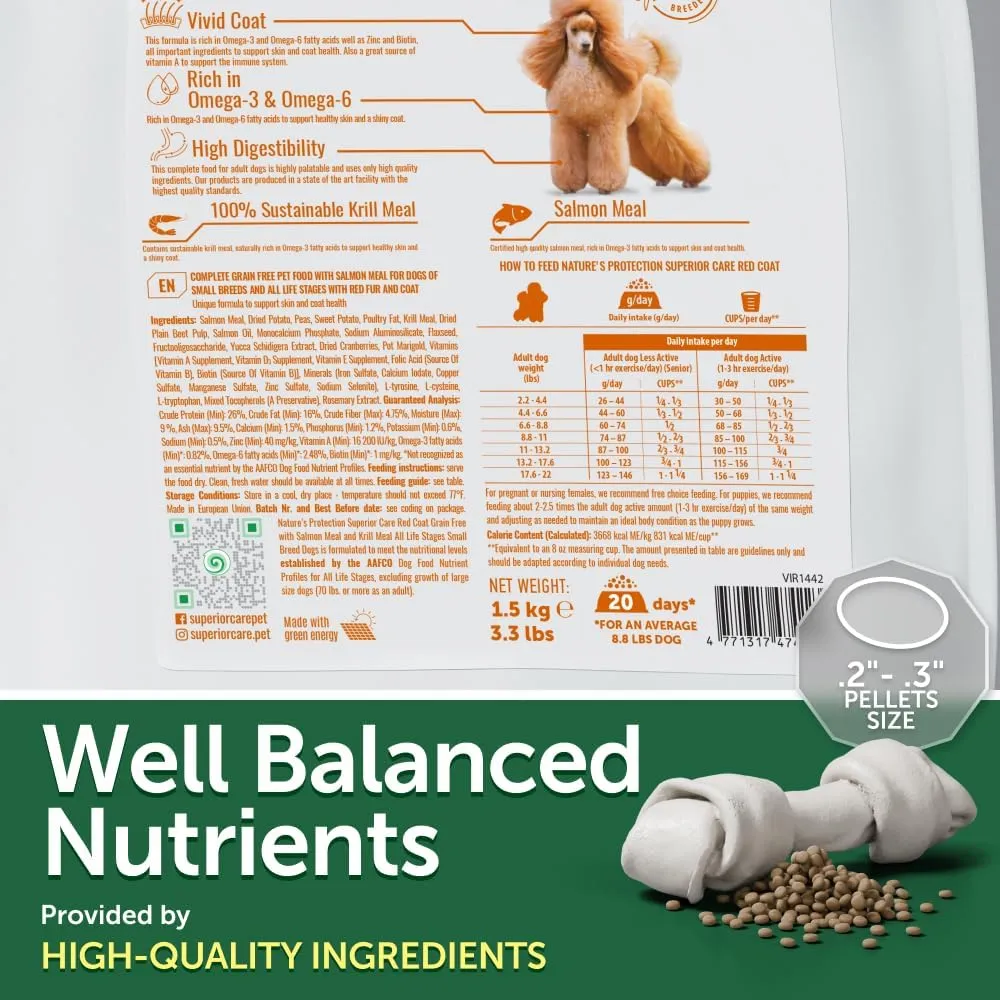 Nature's Protection Superior Care Grain-Free Dry Dog Food - High Protein, Coat Shine Dog Food for Small & Mini Breeds Red Coated All Life Stages Dogs, Fresh Pet Meal, Salmon, 3.3 lb