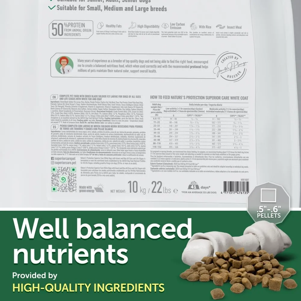Nature's Protection Superior Care White Dogs Rice Based Dry Dog Food - High Protein, Tear Stain Dog Food for All Breeds Light Coated All Life Stages Dogs, Fresh Pet Meal, Insect, 22 lb