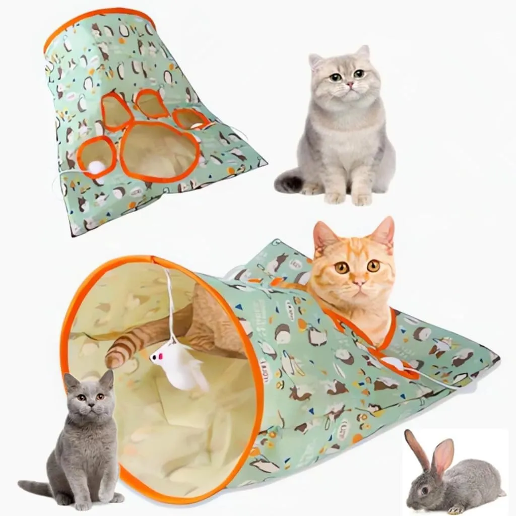 New Cat Tunnel Bags,Crinkle Bag Toy for Cats,Cat & Hamsters Play Tunnel Toy, Collapsible Cat Tunnels for Indoor Cats,Cat Drill Sleeping Bag with 3 Toy Balls 1 Mouse Toy,19.7" x 17.5" (Green)