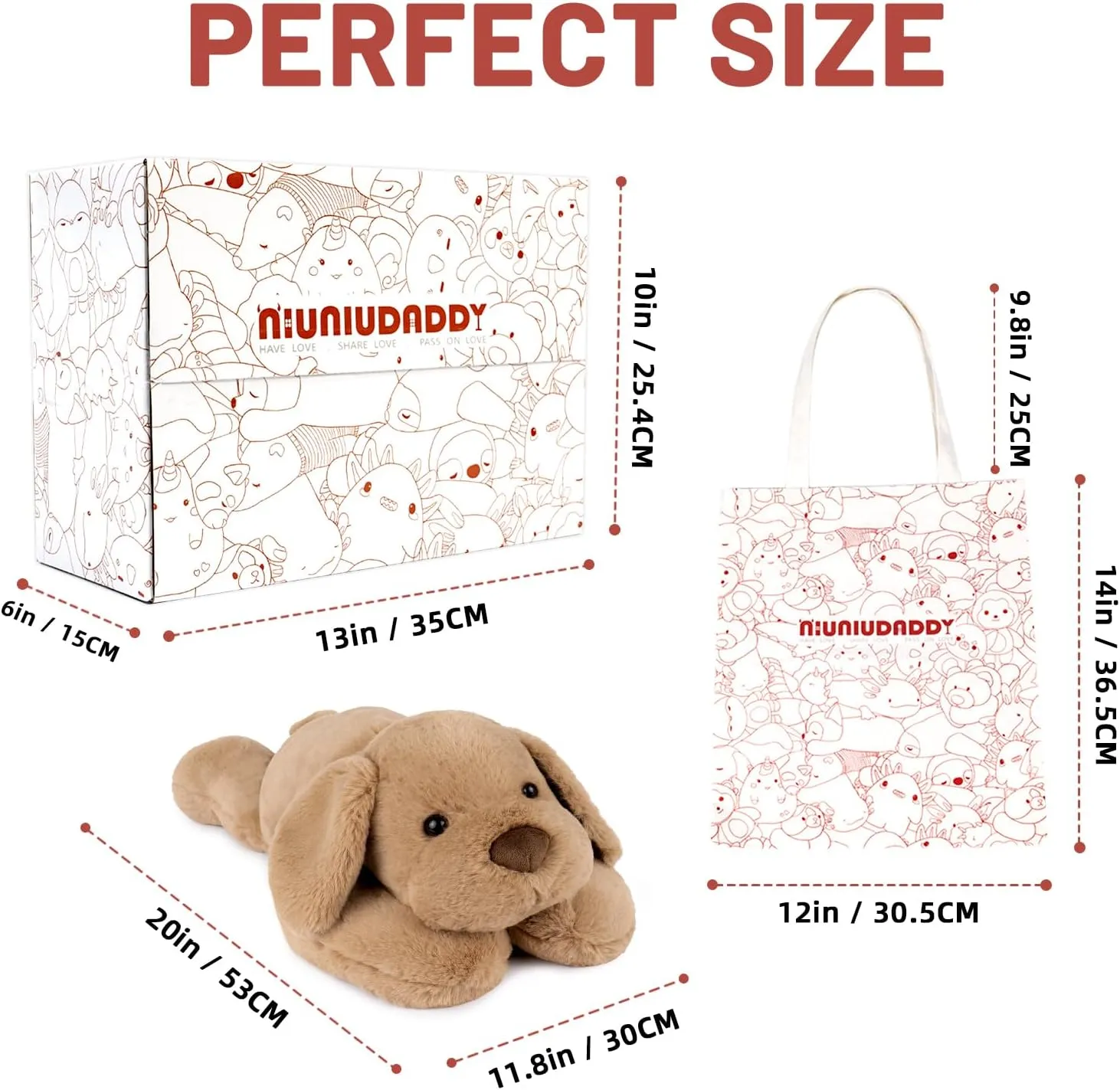 Niuniu Daddy Weighted Dog Stuffed Animals for Anxiety, 3.3lb Weighted Plush Dog Toy Pillowfort for Adults Kids Girls Boys, Large Stuffed Puppy Plush Pillow as Gift for Valentine Include Bag Sticker