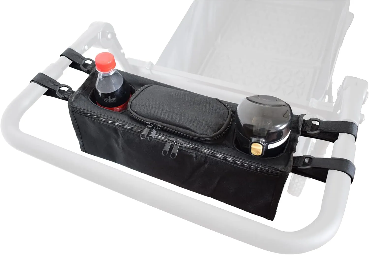 Non-Slip Organizer for Wagon, Parent Console Caddy with Cup Holders Universal for Folding Kids Pet Stroller Adjustable Straps Zippered Pockets Storage Phone Bag Attachment Accessories Black