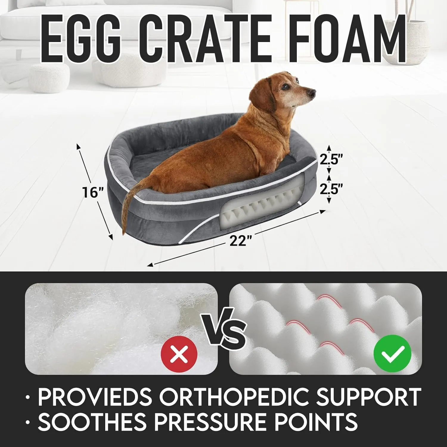 OhGeni Orthopedic Dog Couch Small Sized Pet Beds for Fathers Gifts with Comfort Foam Support, Soft Indestructible Fabric, Machine Washable Waterproof Removable Cover, 22-Inch (Gray)