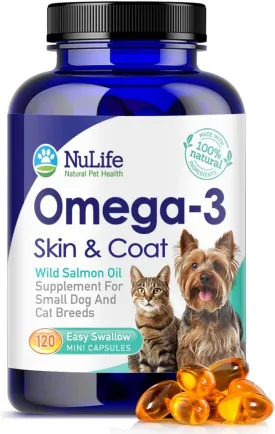 Omega 3 Fish Oil for Small Dogs & Cats - Pet Fish Oil Supplement with DHA & EPA Fatty Acids for Healthy Skin and Coat - Improves Shedding & Relieves Dry, Itchy Skin - 500mg - 120 Capsules