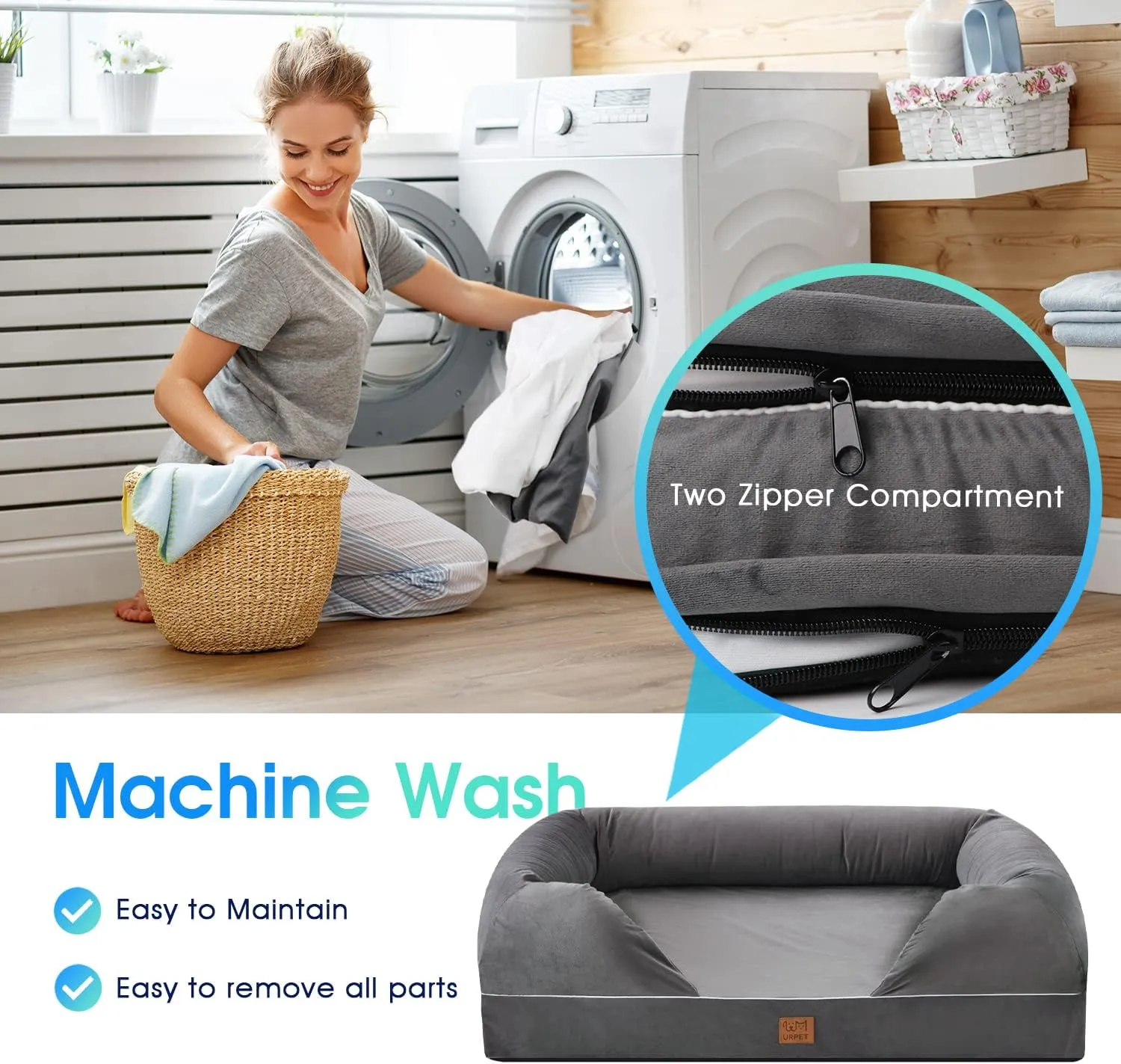 Orthopedic Dog Bed for Extra Large Dogs - XL Washable Dog Couch Bed, Memory Foam Pet Sofa Bed with Waterproof Liner and Removable Zipper Cover, Non-Slip Bottom, Grey, 44x34x10inches