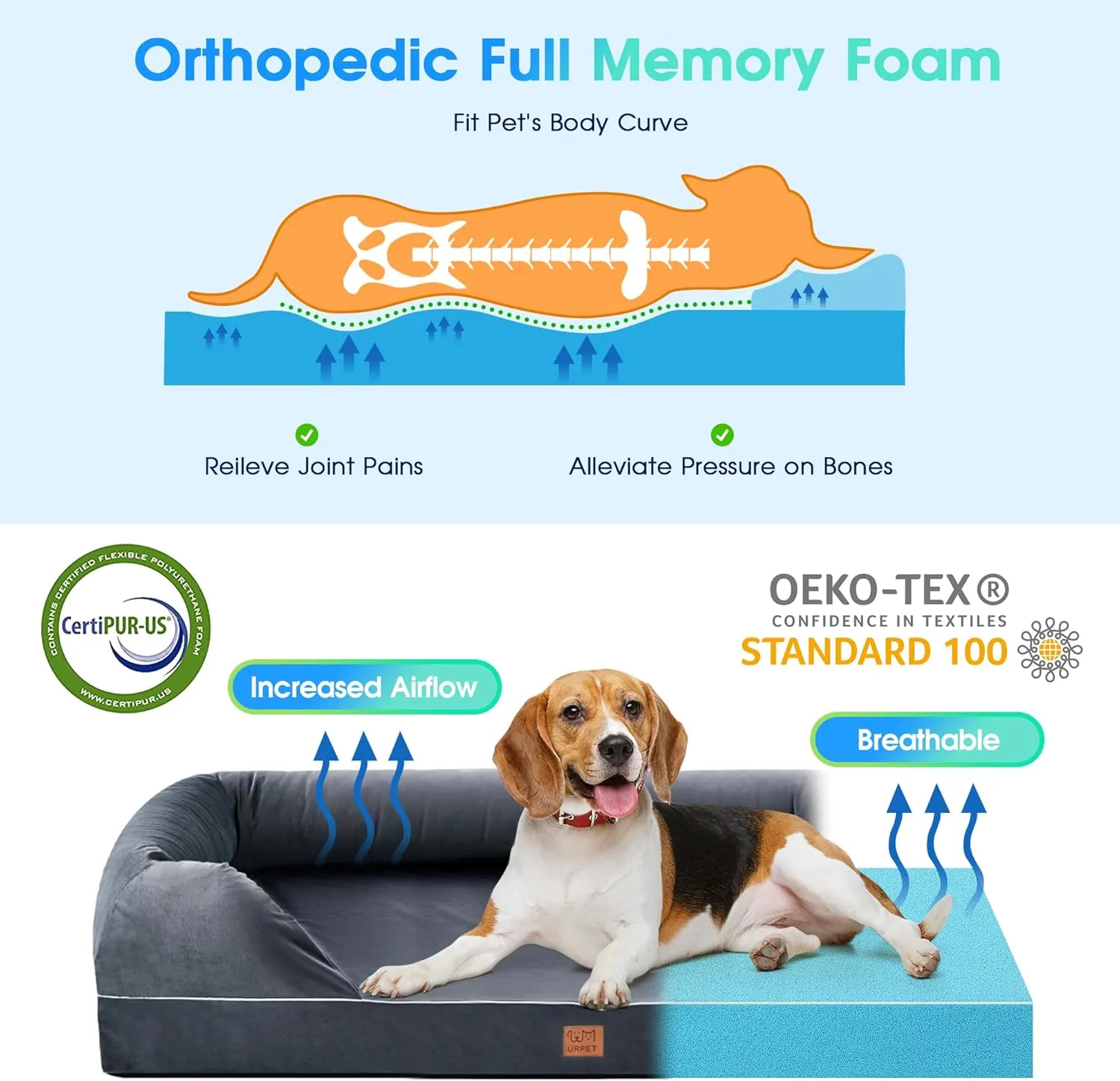 Orthopedic Dog Bed for Extra Large Dogs - XL Washable Dog Couch Bed, Memory Foam Pet Sofa Bed with Waterproof Liner and Removable Zipper Cover, Non-Slip Bottom, Grey, 44x34x10inches