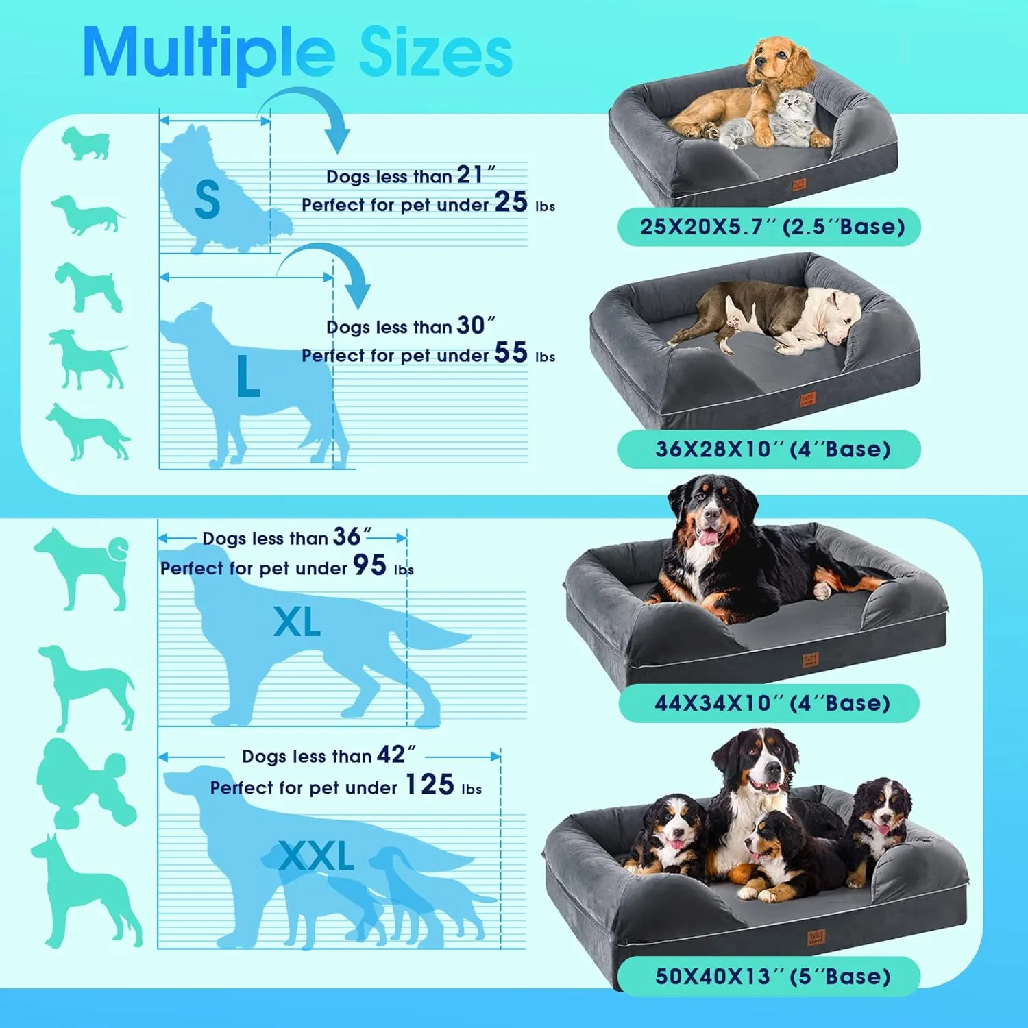 Orthopedic Dog Bed for Extra Large Dogs - XL Washable Dog Couch Bed, Memory Foam Pet Sofa Bed with Waterproof Liner and Removable Zipper Cover, Non-Slip Bottom, Grey, 44x34x10inches