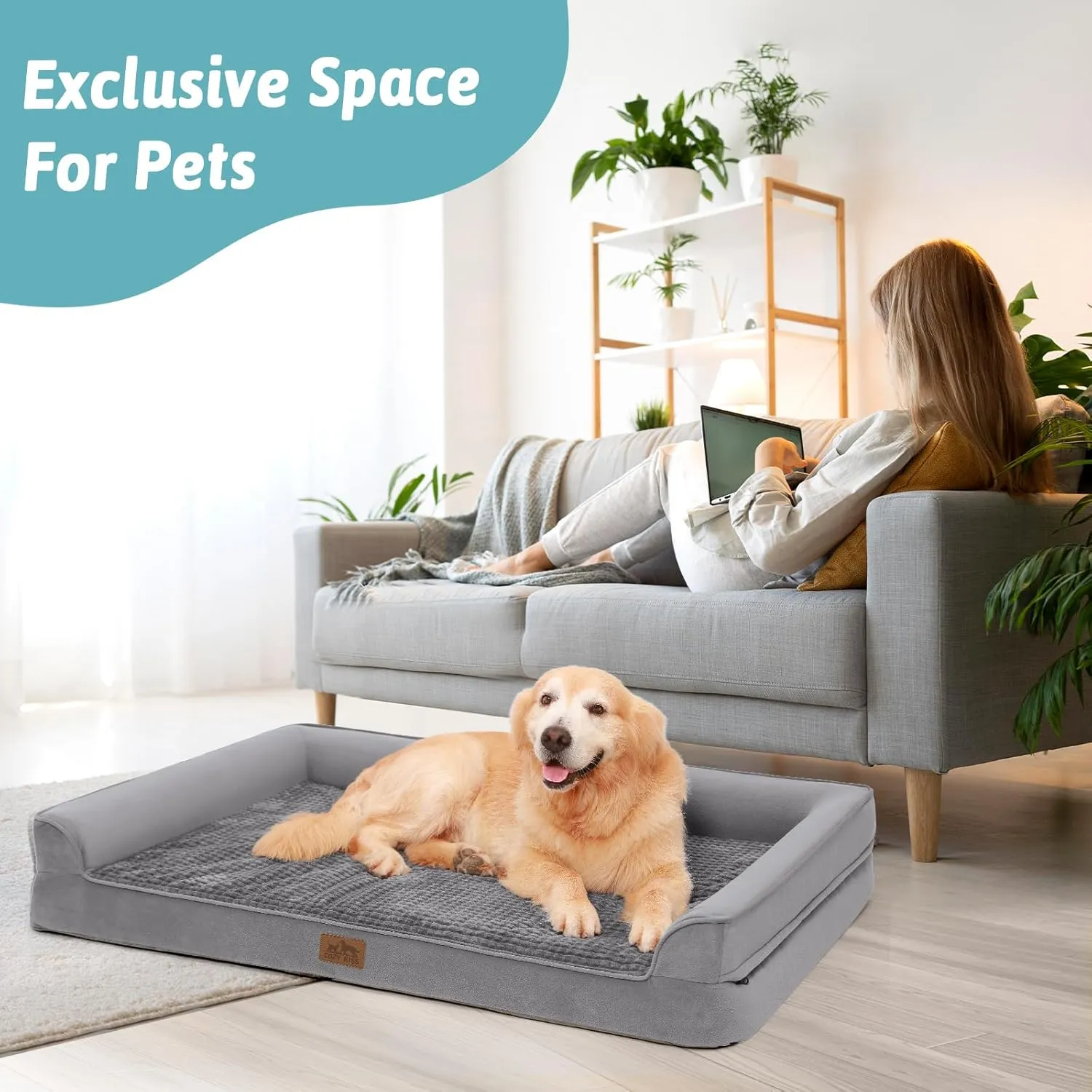 Orthopedic Dog Bed for Large Dog, XL Pet Couch for Extra Large Dog, Big Supportive Foam Bolster Sofa with Waterproof Lining Cover, Anti-Slip, Comfort, Washable, 42x30x7.5 in, U Shape, Grey