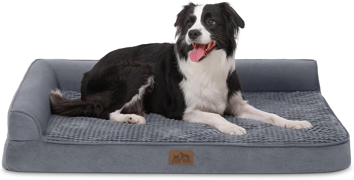 Orthopedic Dog Bed for Large Dog, XL Pet Couch for Extra Large Dog, Big Supportive Foam Bolster Sofa with Waterproof Lining Cover, Anti-Slip, Comfort, Washable, L Shape, 42x30x7.5 in, Grey
