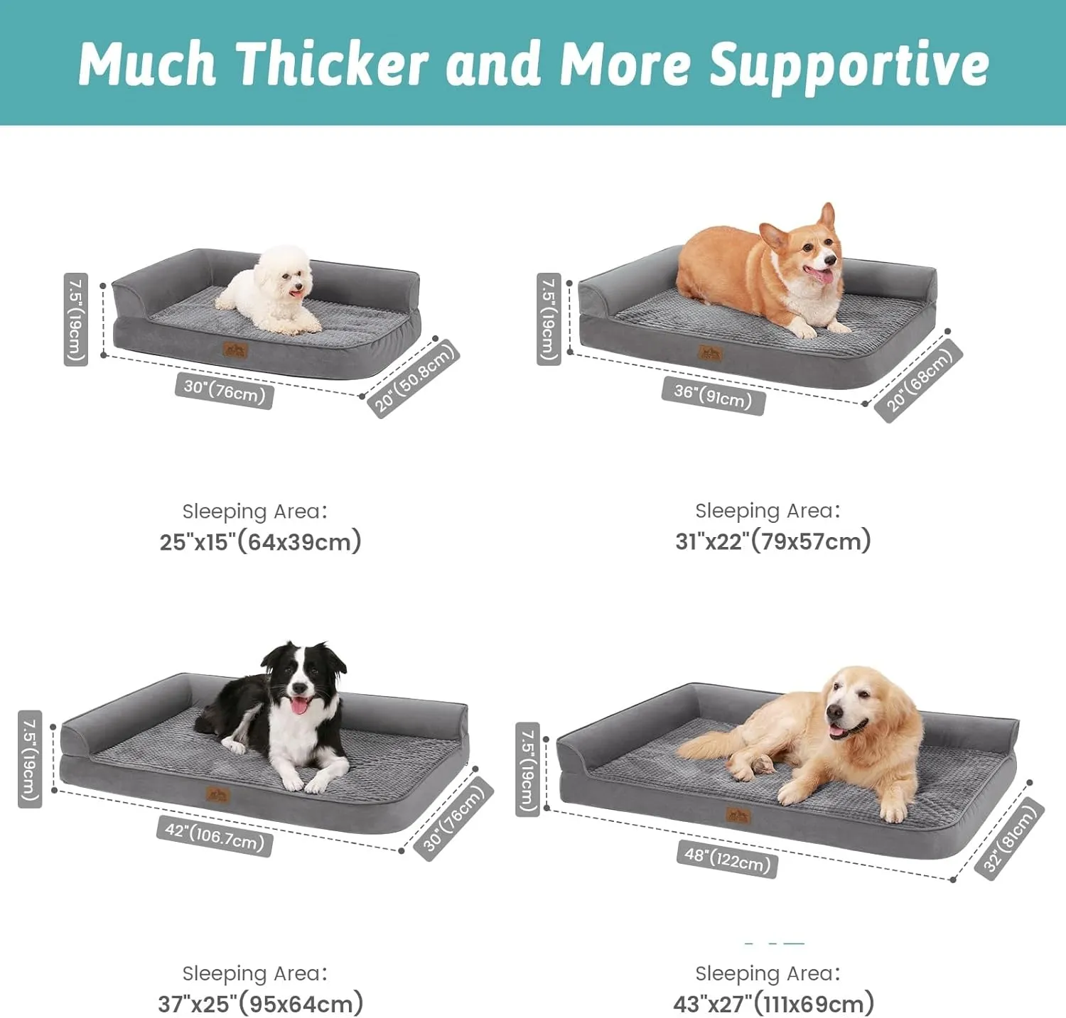 Orthopedic Dog Bed for Large Dog, XL Pet Couch for Extra Large Dog, Big Supportive Foam Bolster Sofa with Waterproof Lining Cover, Anti-Slip, Comfort, Washable, L Shape, 42x30x7.5 in, Grey