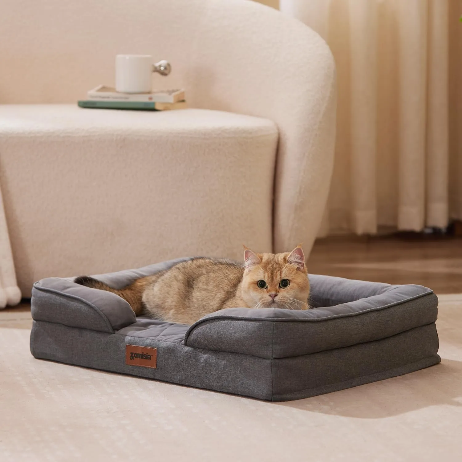 Orthopedic Dog Bed for Small Dogs, Washable Dog Beds with Bolsters, Memory Foam Pet Sofa with Removable Waterproof Cover & Nonskid Bottom, Grey