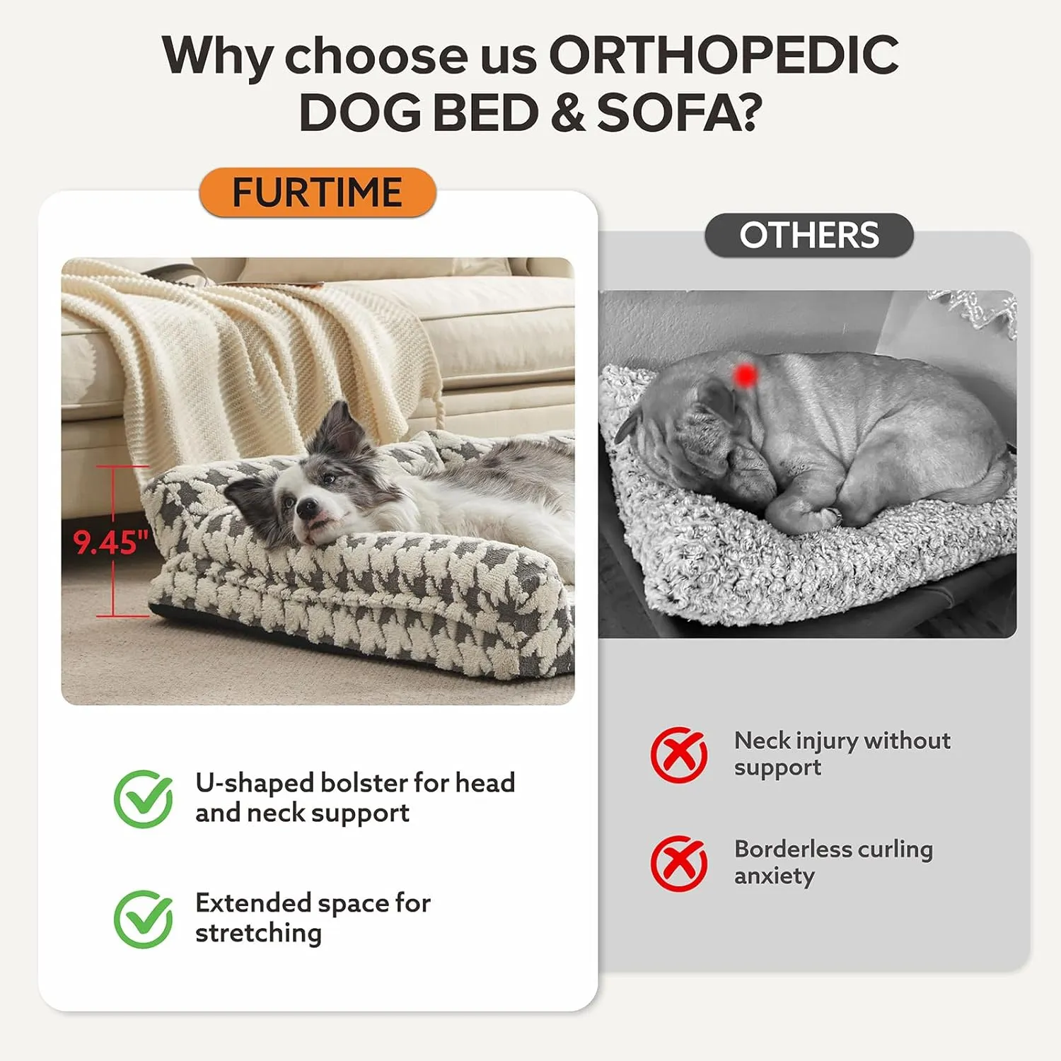 Orthopedic Dog Beds for Large Dogs Washable, Detachable Side Bolster and Pillow, XL Dog Sofa with Memory Foam, with Removable Cover and Non-Slip Bottom, Grey