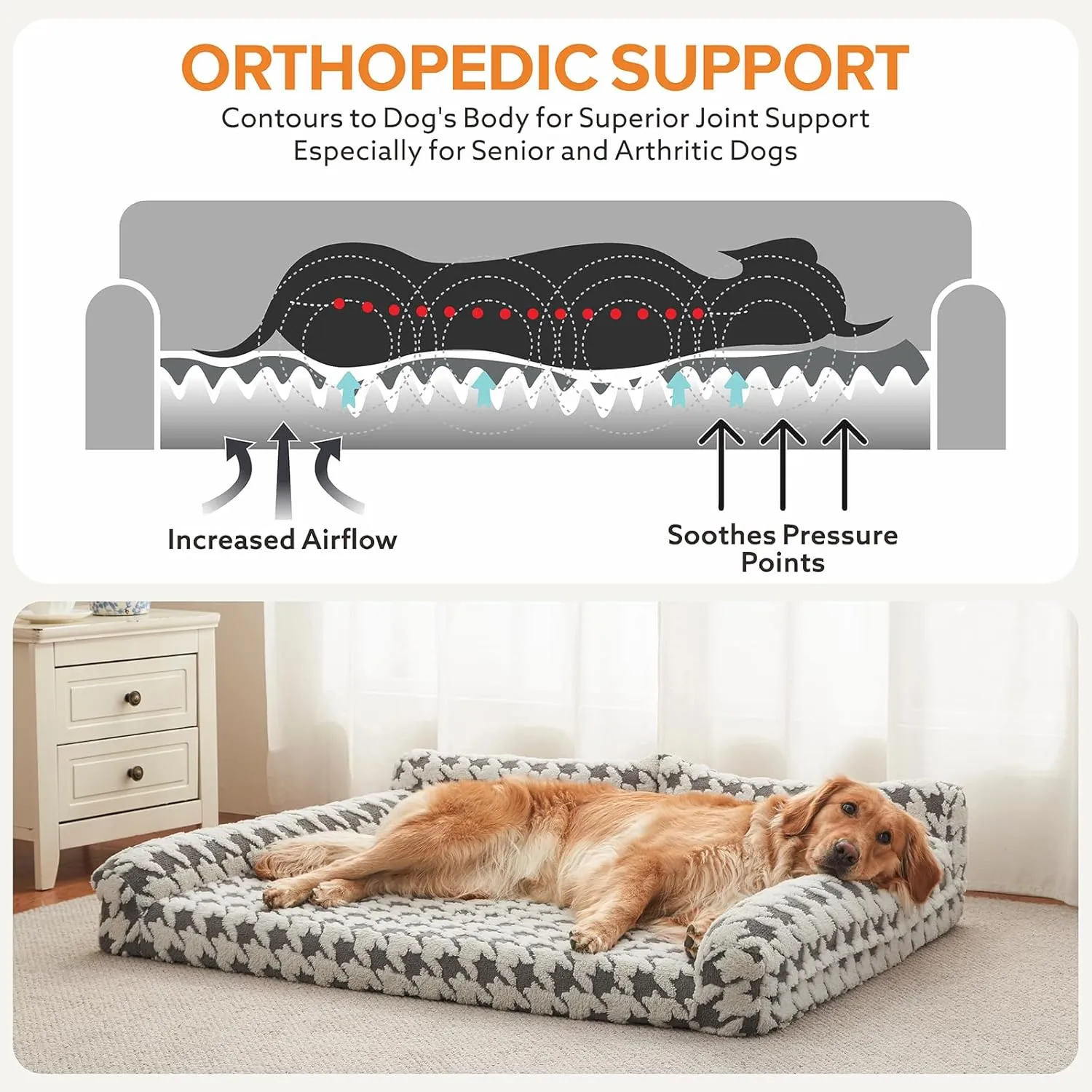 Orthopedic Dog Beds for Large Dogs Washable, Detachable Side Bolster and Pillow, XL Dog Sofa with Memory Foam, with Removable Cover and Non-Slip Bottom, Grey