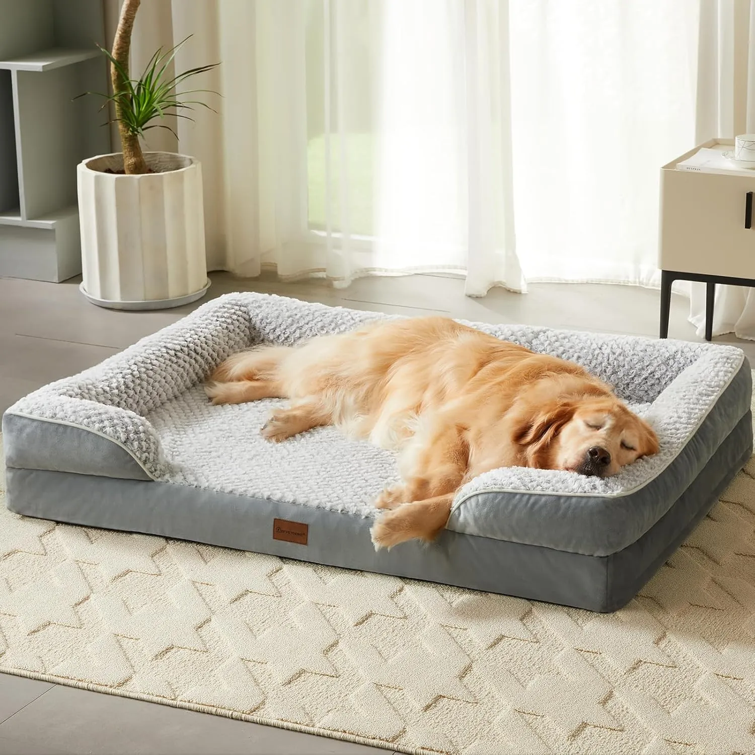 Orthopedic Dog Beds for Large Dogs,Waterproof Dog Bed, Egg Crate Foam Bed for Large Dogs, Big Pet Bed with Washable Removable Waterproof Pillow Cover and Anti-Slip Bottom, Grey