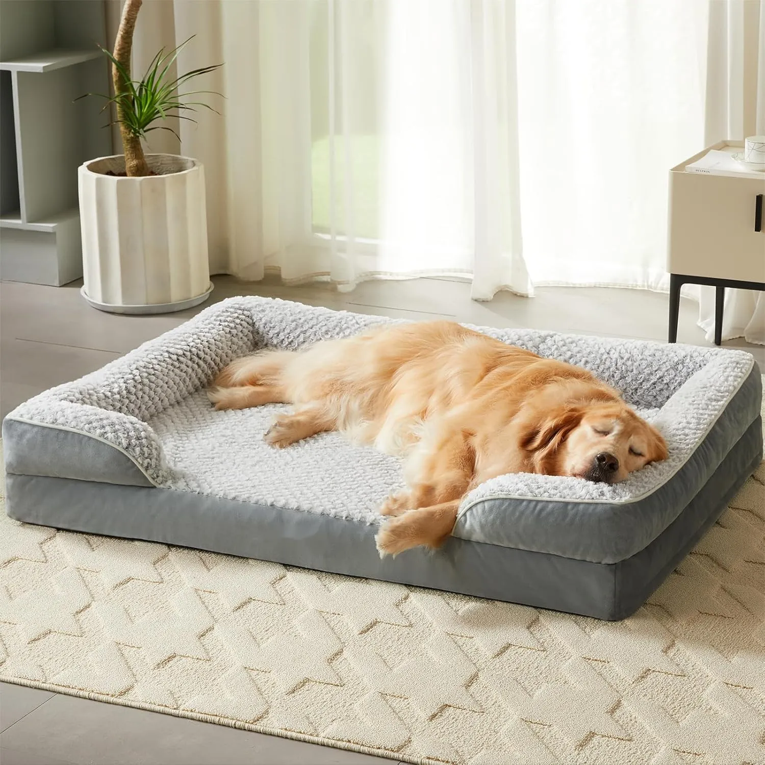 Orthopedic Dog Beds for Large Dogs,Waterproof Dog Bed, Egg Crate Foam Bed for Large Dogs, Big Pet Bed with Washable Removable Waterproof Pillow Cover and Anti-Slip Bottom, Grey