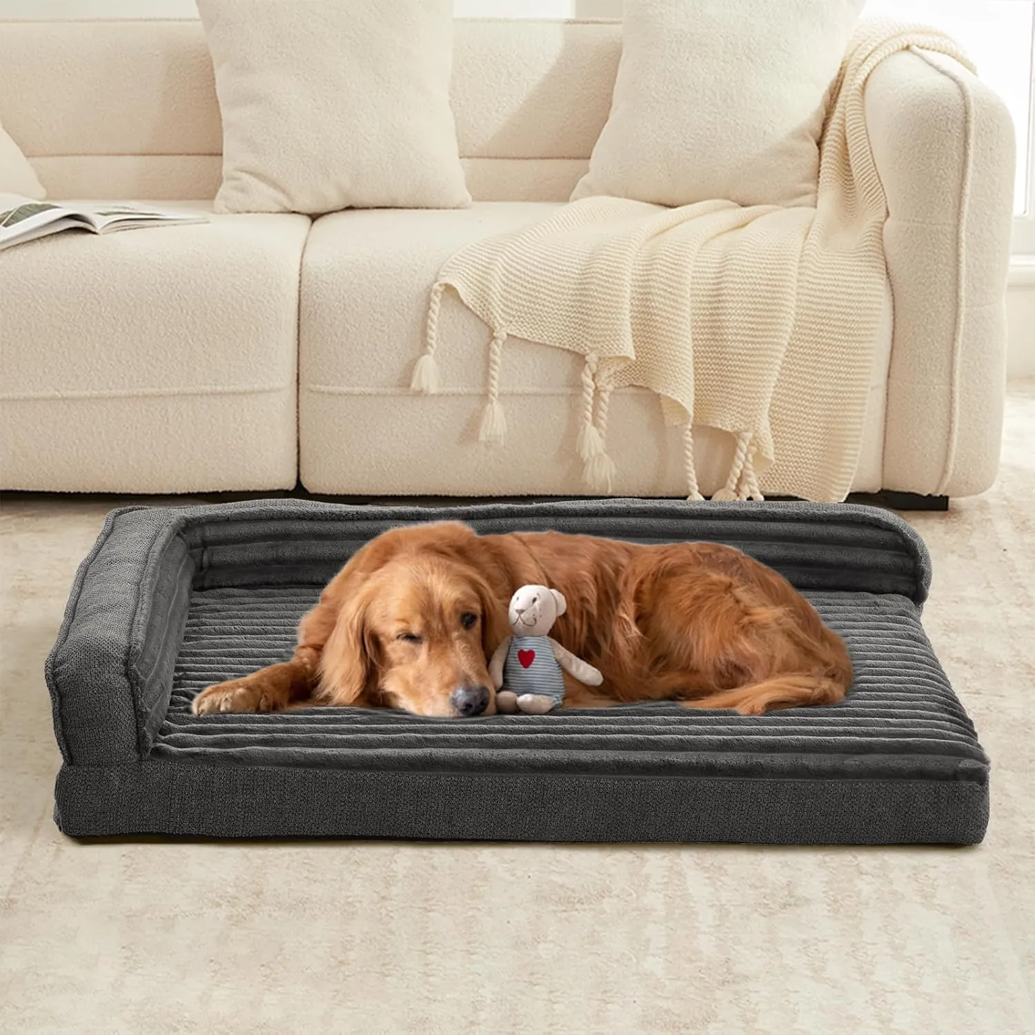 Orthopedic Dog Beds for XLarge, Large Dogs, Waterproof Egg Foam Dog Sofa Bed with L Bolster Sides, Washable XLarge Pet Bed with Removable Cover & Non-Slip Bottom, 40 x 28 inch, Gray