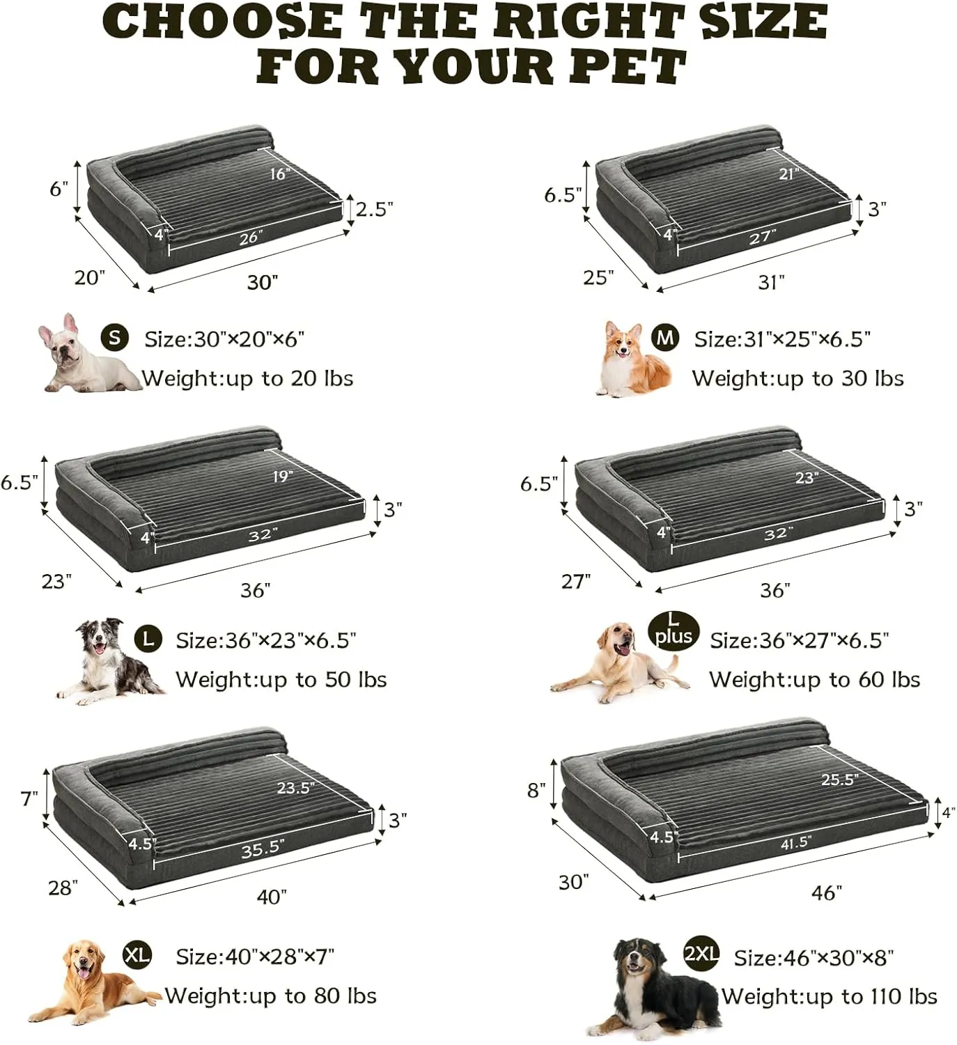 Orthopedic Dog Beds for XLarge, Large Dogs, Waterproof Egg Foam Dog Sofa Bed with L Bolster Sides, Washable XLarge Pet Bed with Removable Cover & Non-Slip Bottom, 40 x 28 inch, Gray