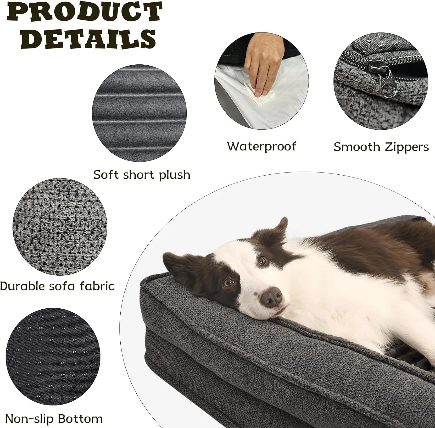 Orthopedic Dog Beds for XLarge, Large Dogs, Waterproof Egg Foam Dog Sofa Bed with L Bolster Sides, Washable XLarge Pet Bed with Removable Cover & Non-Slip Bottom, 40 x 28 inch, Gray