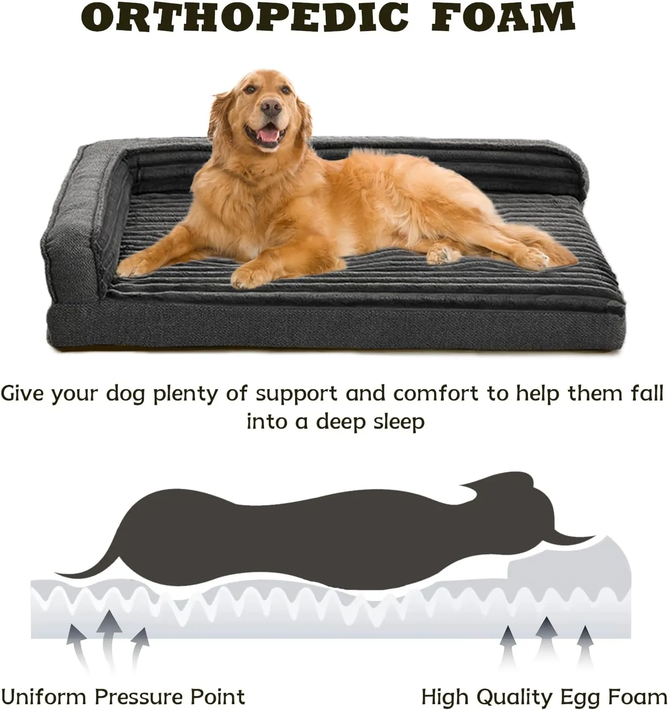 Orthopedic Dog Beds for XLarge, Large Dogs, Waterproof Egg Foam Dog Sofa Bed with L Bolster Sides, Washable XLarge Pet Bed with Removable Cover & Non-Slip Bottom, 40 x 28 inch, Gray