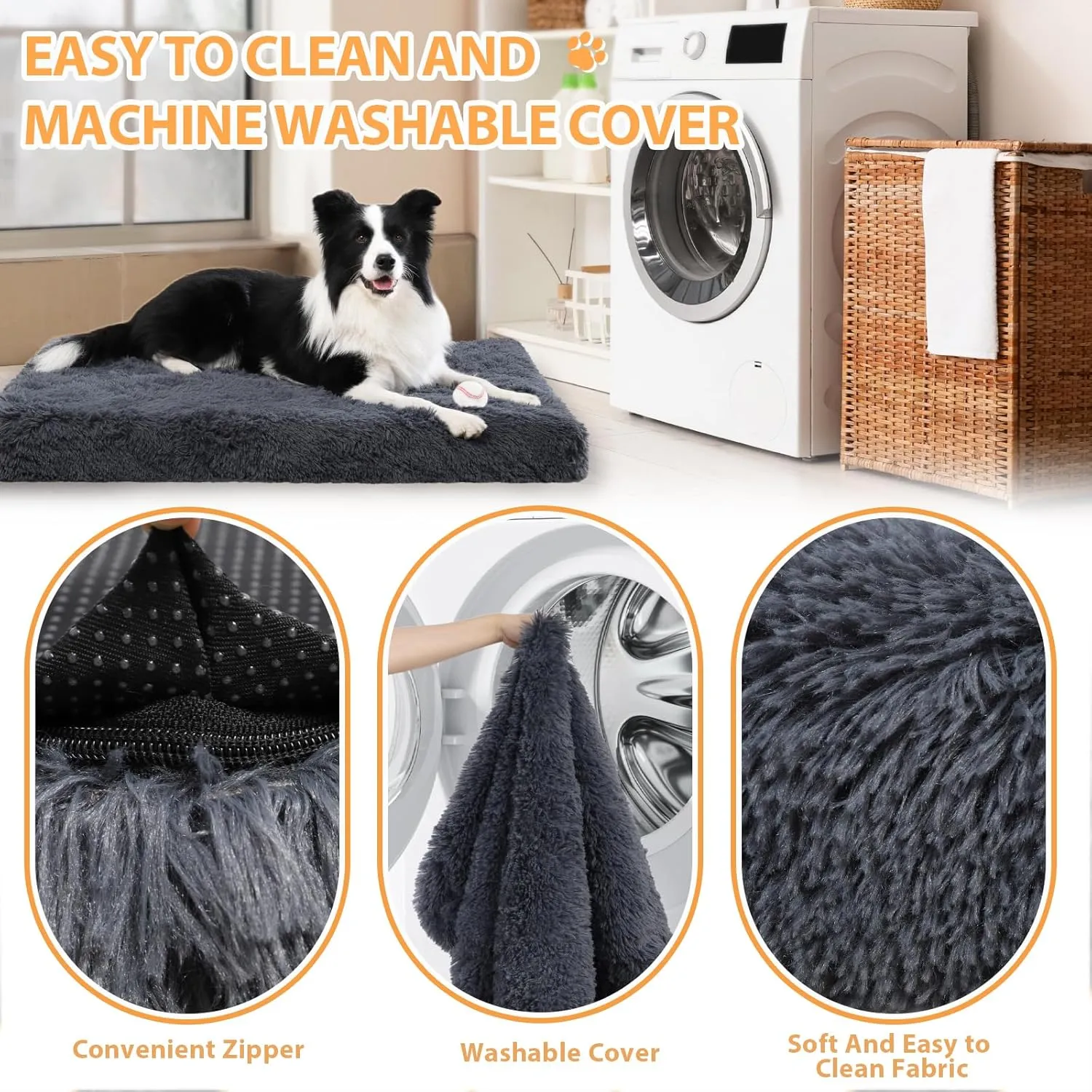 Orthopedic Dog Beds Medium/Large, Washable Removable Cover, Waterproof Lining, NonSkid Bottom, Crate Foam Dog Pillow Mattress, Fluffy Anti Anxiety Pet Bed, 35x23 Inch, Dark Grey