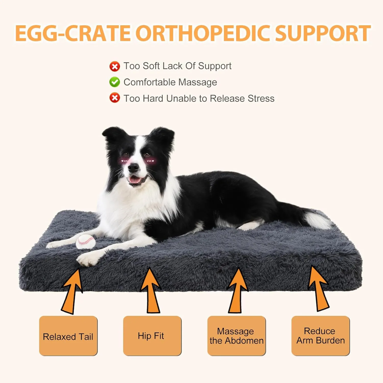 Orthopedic Dog Beds Medium/Large, Washable Removable Cover, Waterproof Lining, NonSkid Bottom, Crate Foam Dog Pillow Mattress, Fluffy Anti Anxiety Pet Bed, 35x23 Inch, Dark Grey