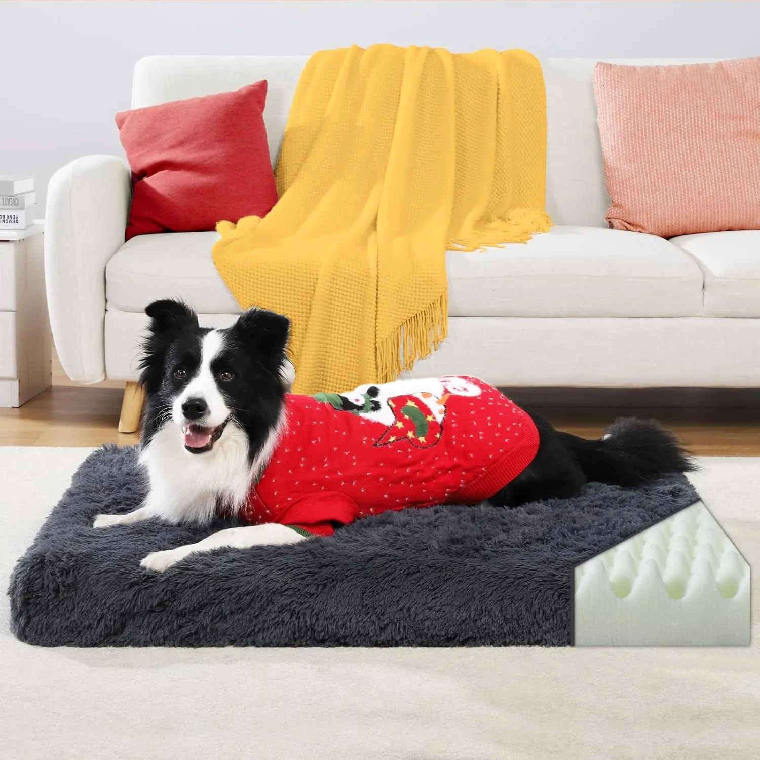 Orthopedic Dog Beds Medium/Large, Washable Removable Cover, Waterproof Lining, NonSkid Bottom, Crate Foam Dog Pillow Mattress, Fluffy Anti Anxiety Pet Bed, 35x23 Inch, Dark Grey