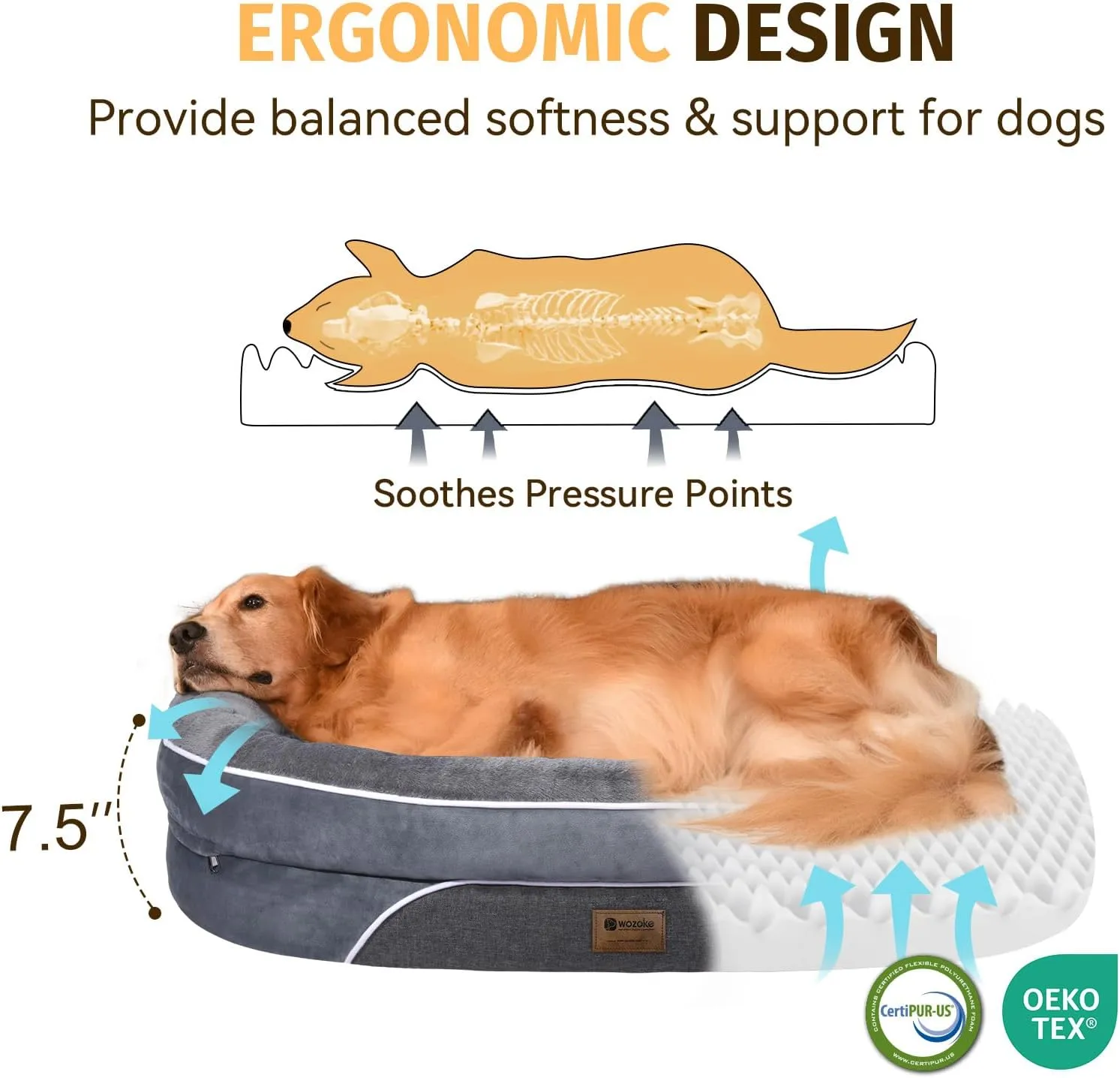 Orthopedic Waterproof Large Dog Bed: Memory Foam Washable Pet Bed with Bolsters - Removable Washable Cover for L XL XXL Large Sized Dog Bed - Non-Slip Bottom