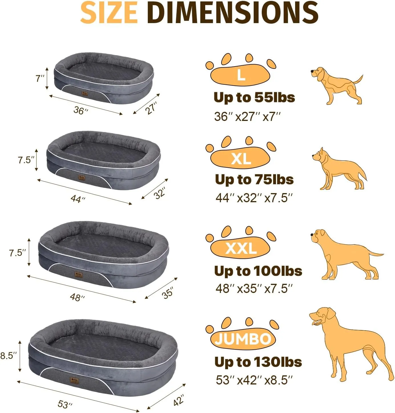Orthopedic Waterproof Large Dog Bed: Memory Foam Washable Pet Bed with Bolsters - Removable Washable Cover for L XL XXL Large Sized Dog Bed - Non-Slip Bottom