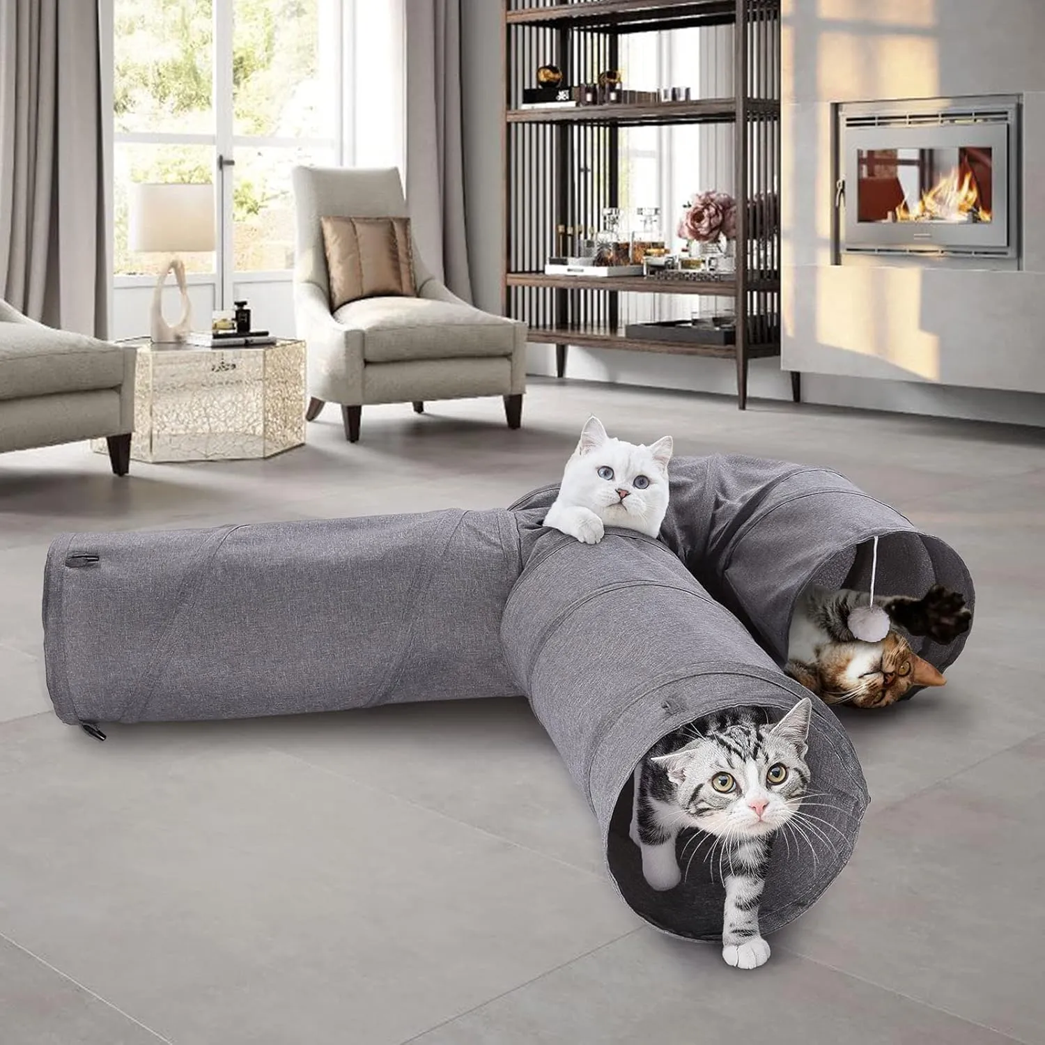 Ownpets Cat Tunnel Large 3 Way Collapsible Cloth Pet Tunnel Tube with Plush Ball & Feather Toy, U-Shaped Cat Play Tunnel for Indoor Cat, Puppy, Kitty, Kitten, Rabbit(Gray)