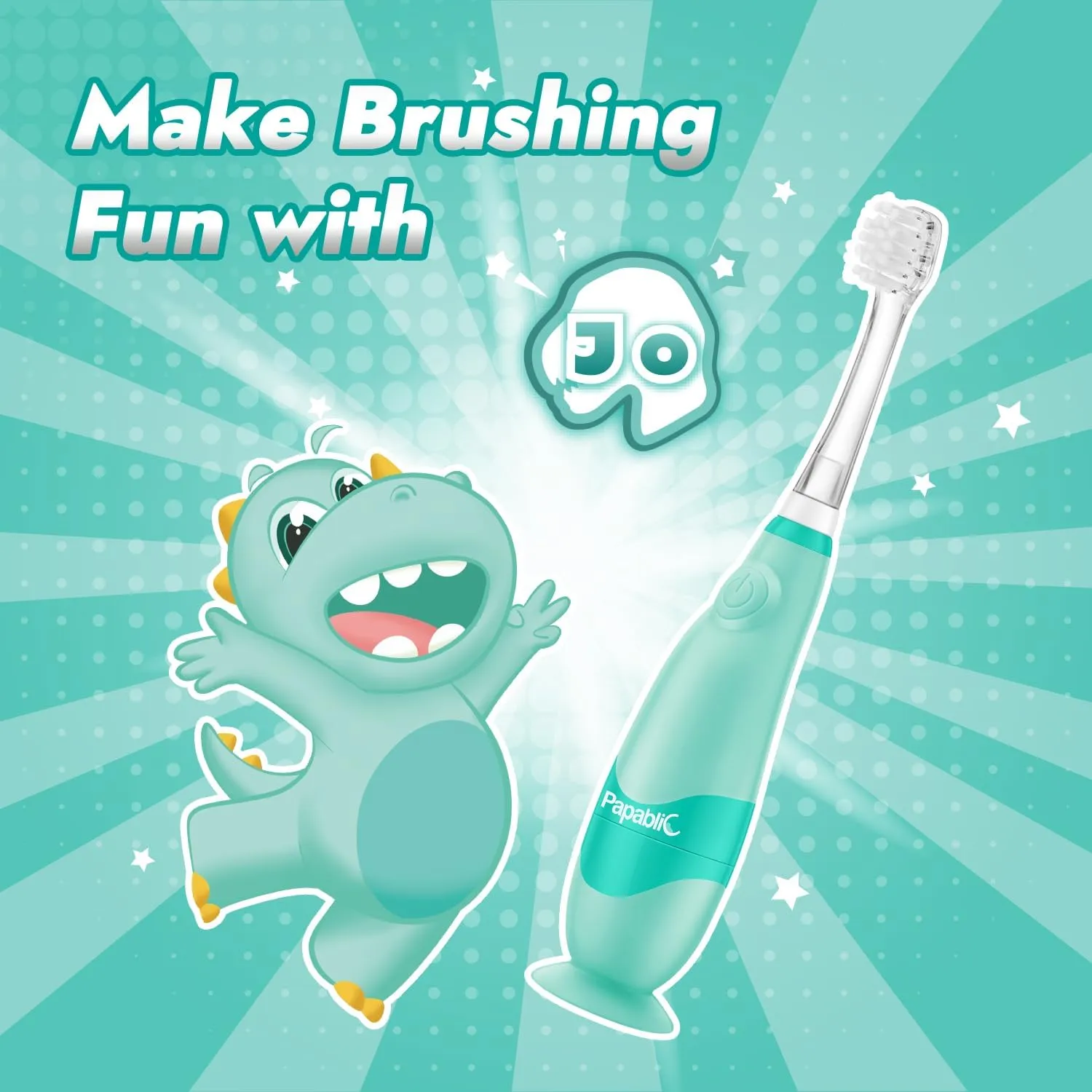 Papablic Toddler Sonic Electric Toothbrush Kids for Ages 1-3 Years, Baby Electric Toothbrush with Cute Dino Cover and Smart LED Timer, 4 Brush Heads (Jo)