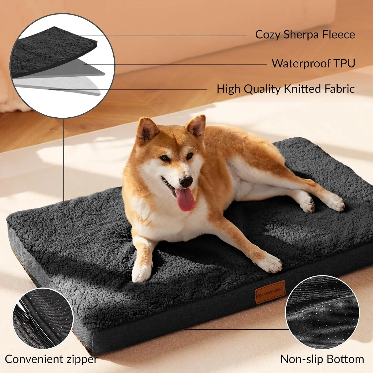 Patas Lague Orthopedic Dog Bed for Large Dogs, Soft Comfortable Waterproof Egg Crate Foam Medium Pet Beds Mat with Removable Washable Cover, 36''X24'' Black