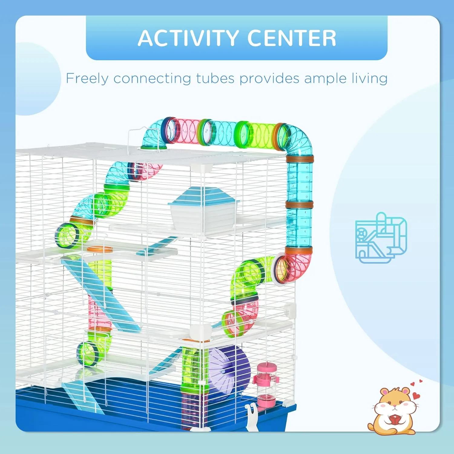 PawHut Extra Large 23" Hamster Cage with Tubes and Tunnels, Portable Carry Handles, Rat House and Habitats Big 5-Tier Design, Mouse Cage Includes Exercise Wheel, Water Bottle, Food Dish, Blue