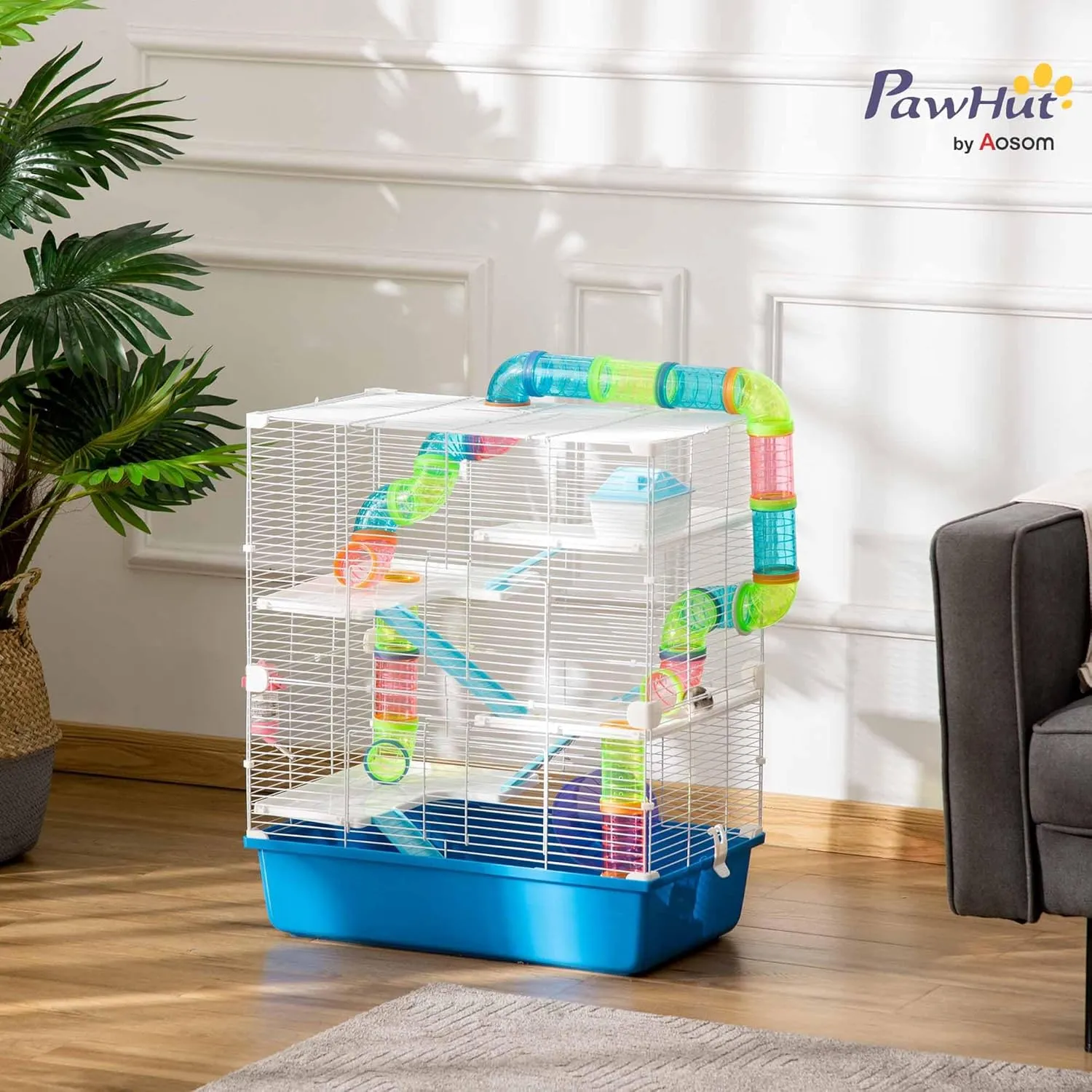 PawHut Extra Large 23" Hamster Cage with Tubes and Tunnels, Portable Carry Handles, Rat House and Habitats Big 5-Tier Design, Mouse Cage Includes Exercise Wheel, Water Bottle, Food Dish, Blue
