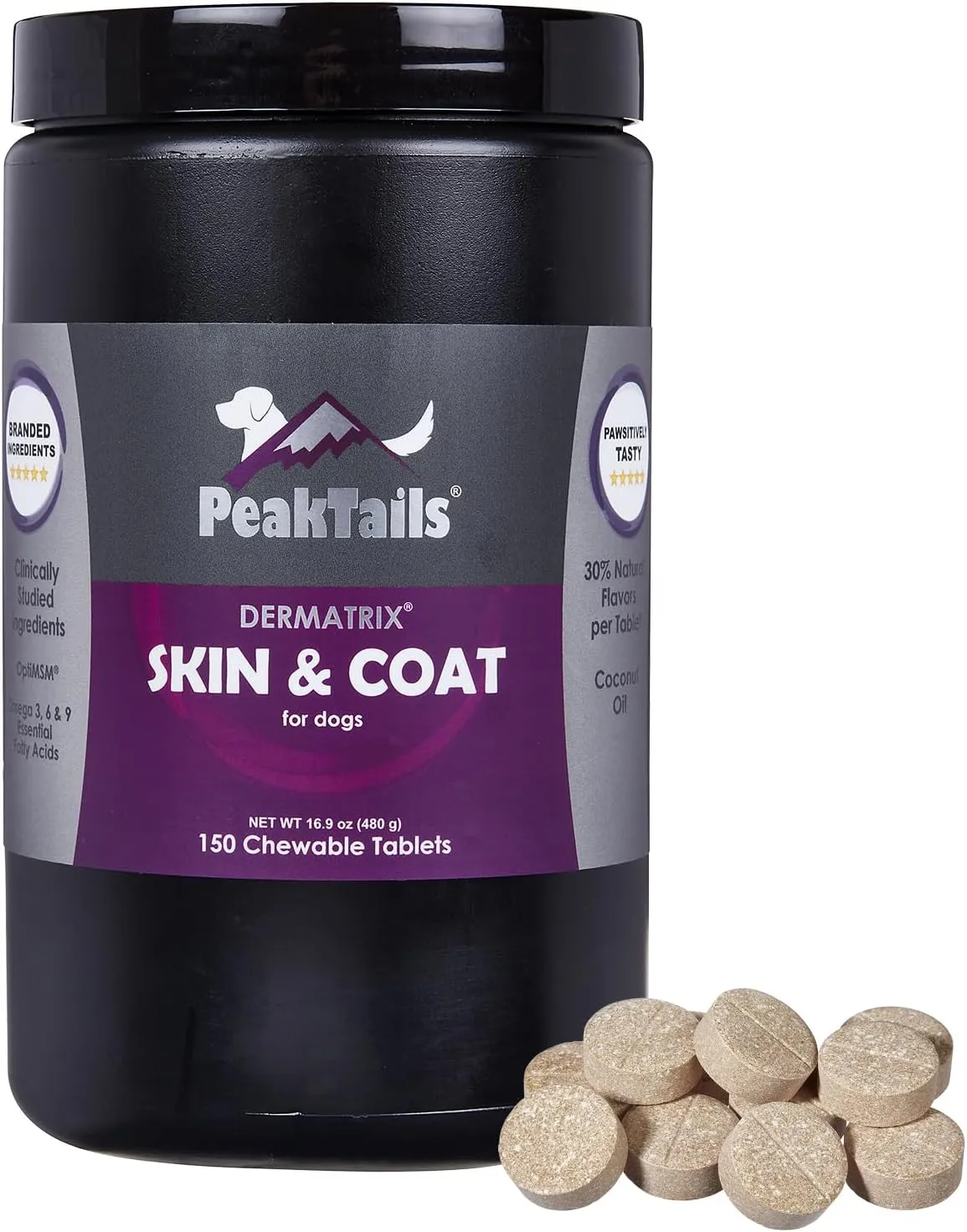 PeakTails Dermatrix, 150 Count Tablets for Dogs, Supports Healthy Skin, Shiny & Reduce Excessive Shedding, Contains MSM, Fish Oil & Omega 3 & 6 Essential Fatty Acids