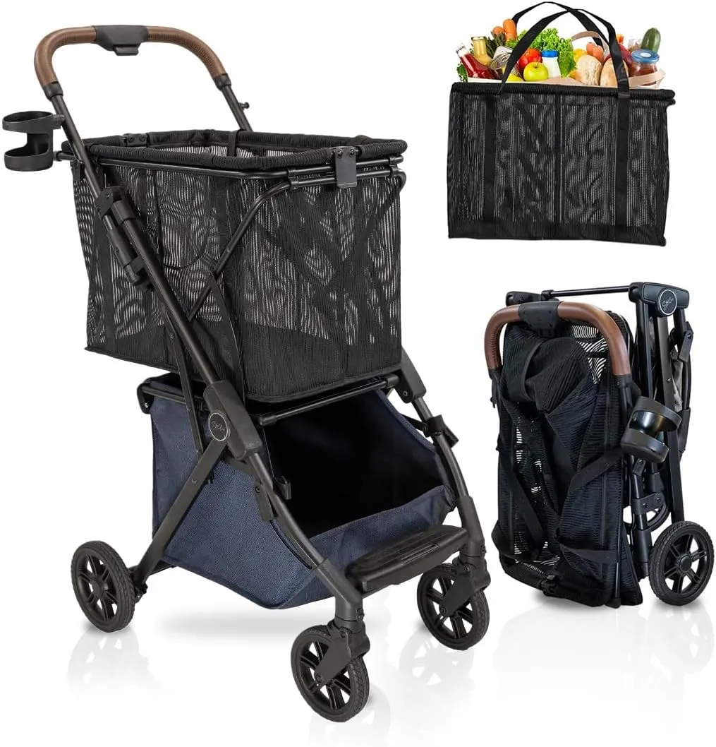 Personal Luxury Folding Shopping Cart On Premium Wheels  Ultra Lightweight Aluminum Frame  Removable Shopping Bag with Carry Strap & Lower Grocery Storage 75Lbs Capacity (Blue v2)