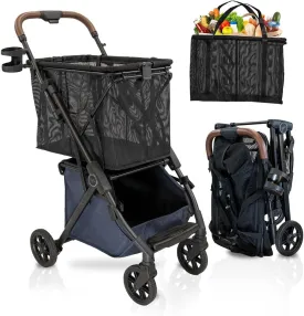 Personal Luxury Folding Shopping Cart On Premium Wheels  Ultra Lightweight Aluminum Frame  Removable Shopping Bag with Carry Strap & Lower Grocery Storage 75Lbs Capacity (Blue v2)