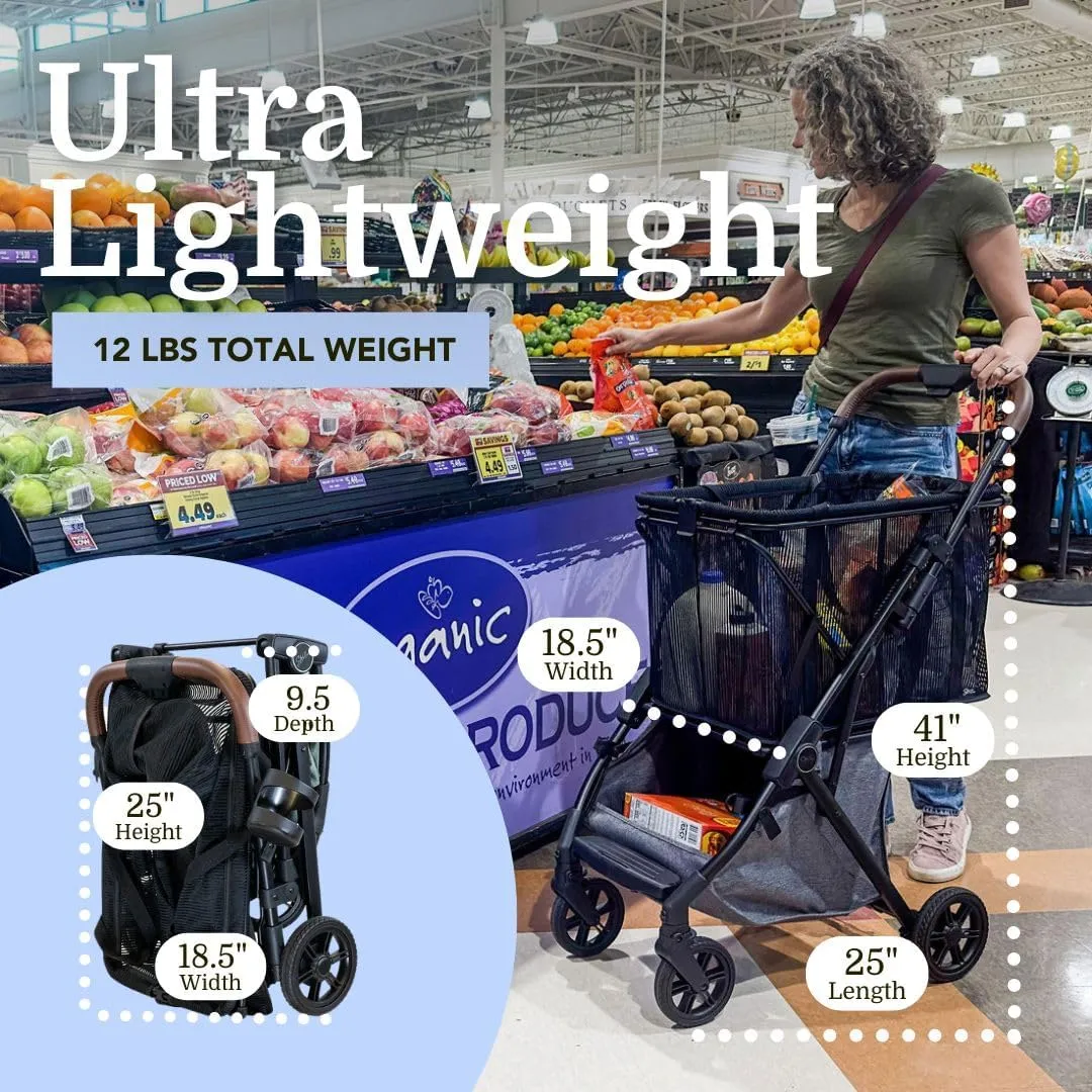 Personal Luxury Folding Shopping Cart On Premium Wheels  Ultra Lightweight Aluminum Frame  Removable Shopping Bag with Carry Strap & Lower Grocery Storage 75Lbs Capacity (Blue v2)