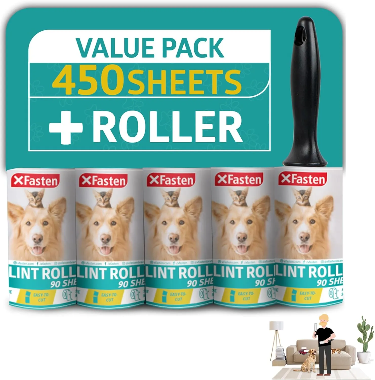 Pet Hair Lint Roller, 450 Sheets Furniture Lint Rollers for Pet Hair, 1 Heavy Duty Lint Roller for Clothes   5 Sticky Lint Rollers Refills - Xfasten