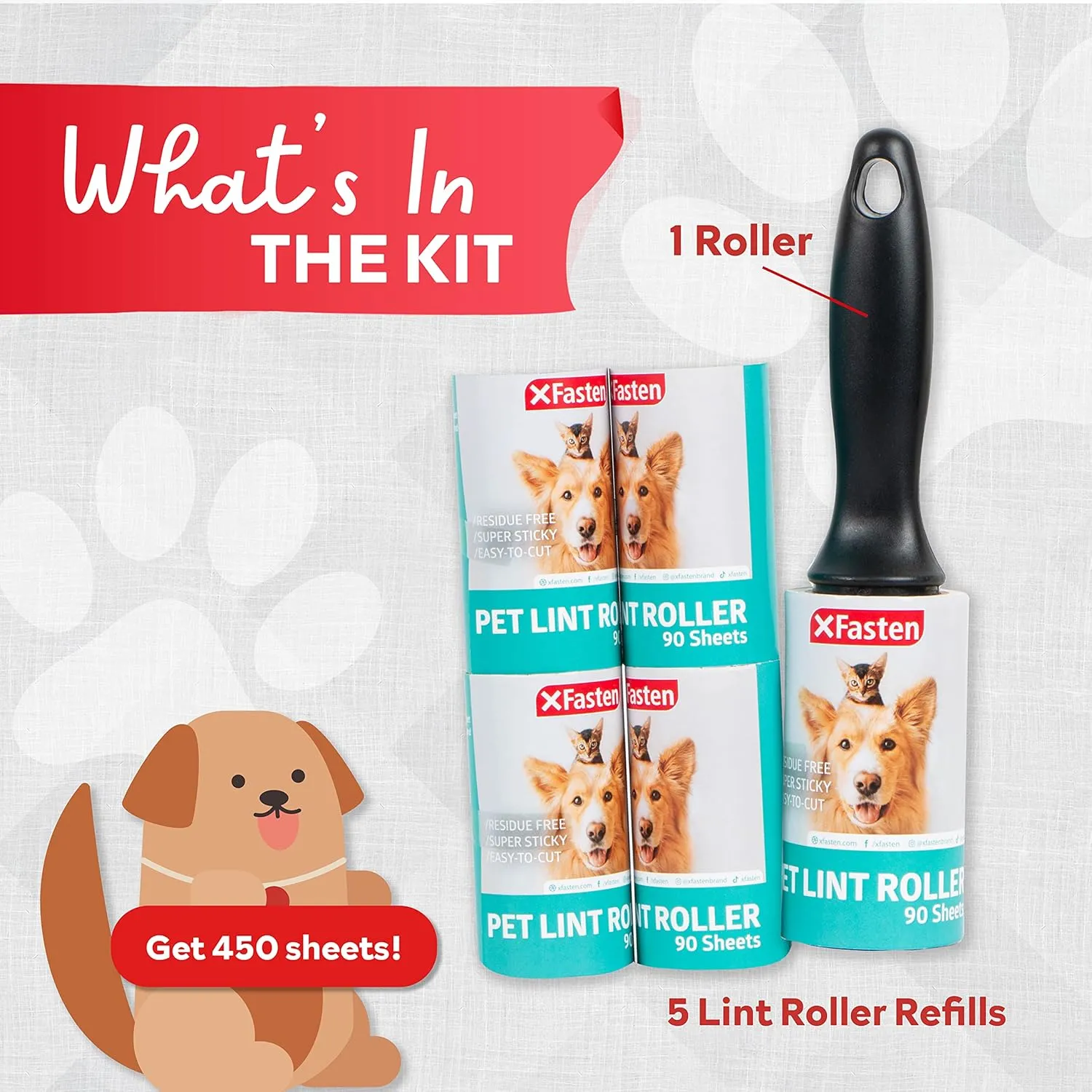 Pet Hair Lint Roller, 450 Sheets Furniture Lint Rollers for Pet Hair, 1 Heavy Duty Lint Roller for Clothes   5 Sticky Lint Rollers Refills - Xfasten