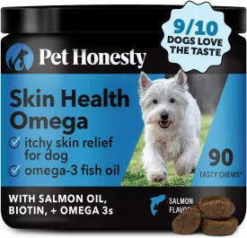 Pet Honesty Omega Skin Health Chews for Dogs, Alaskan Salmon Oil, Omega-3 Fish Oil, Krill, Spirulina, Omega-3s, Healthy Skin & Coat, Itchy Skin, Dog Allergies, May Reduce Shedding (90 Count)
