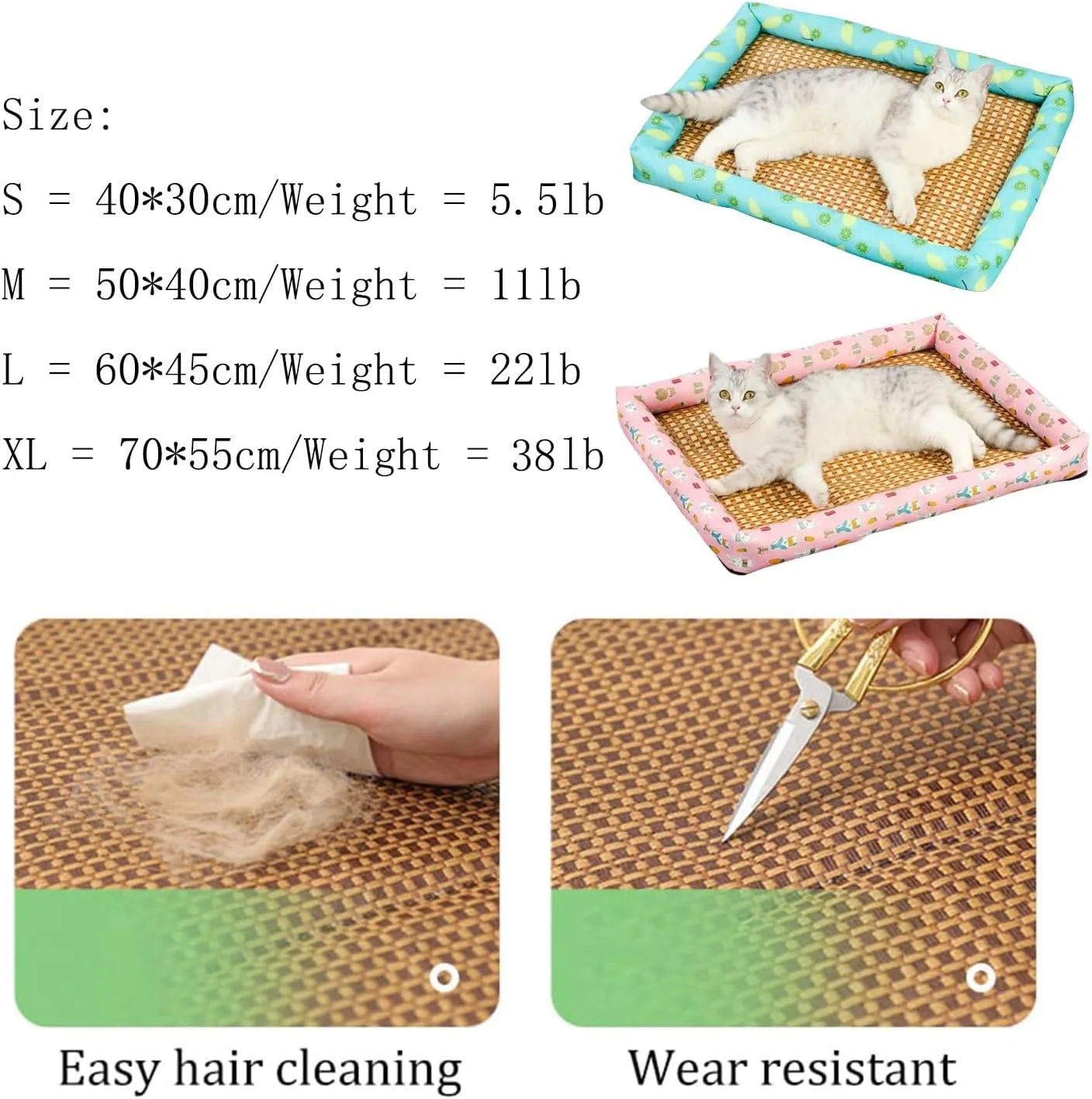 Pet Ice Pad Mat, Flopet Pet Ice Pad Mat, Cats Dogs Cooling Bed, Pet Cooling Ice Mat, Ice Rattan Cooling Bed for Cats Dogs, Washable Summer Pet Ice Mat Sleeping Pad with Pillow (50 * 40cm,C)
