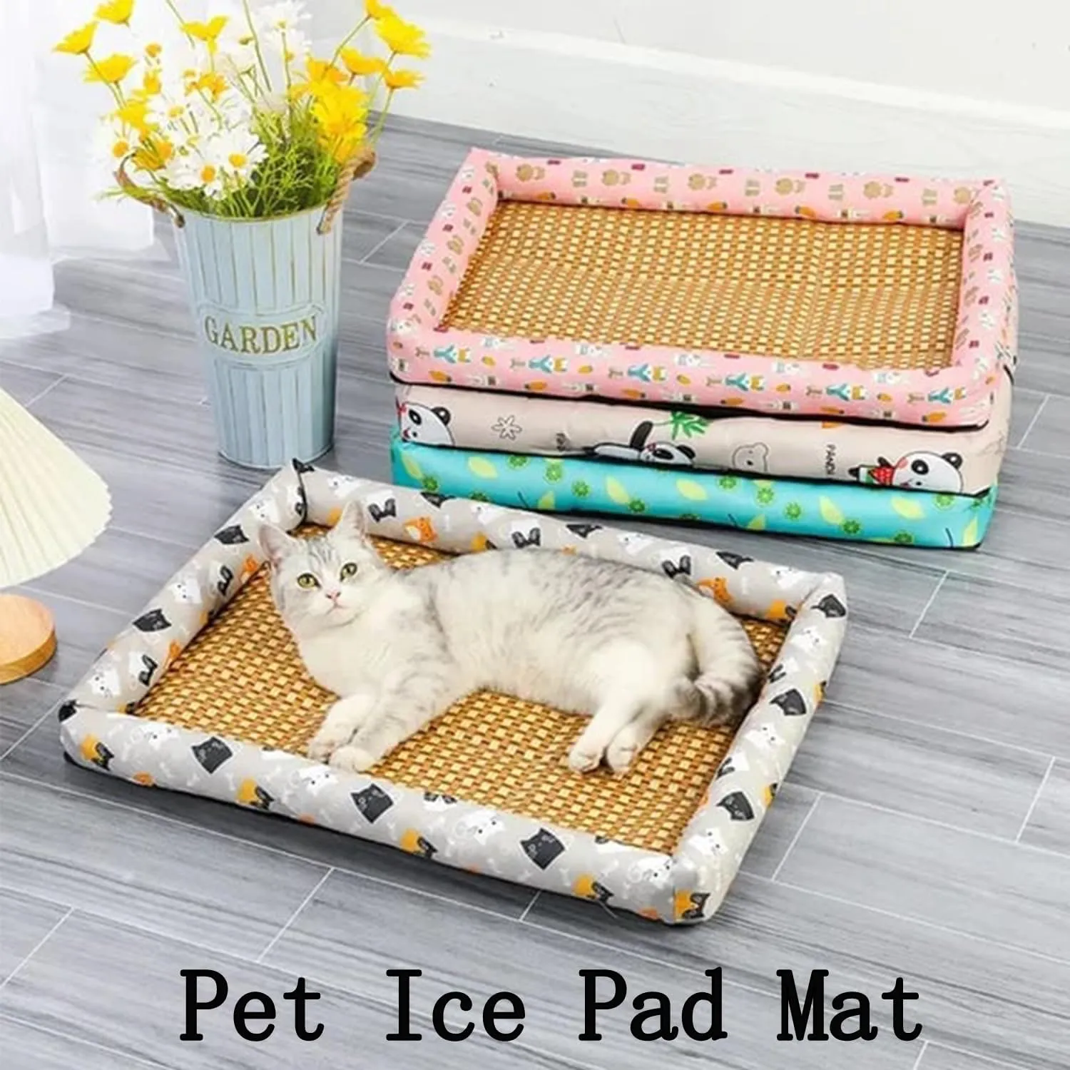 Pet Ice Pad Mat, Flopet Pet Ice Pad Mat, Cats Dogs Cooling Bed, Pet Cooling Ice Mat, Ice Rattan Cooling Bed for Cats Dogs, Washable Summer Pet Ice Mat Sleeping Pad with Pillow (50 * 40cm,C)