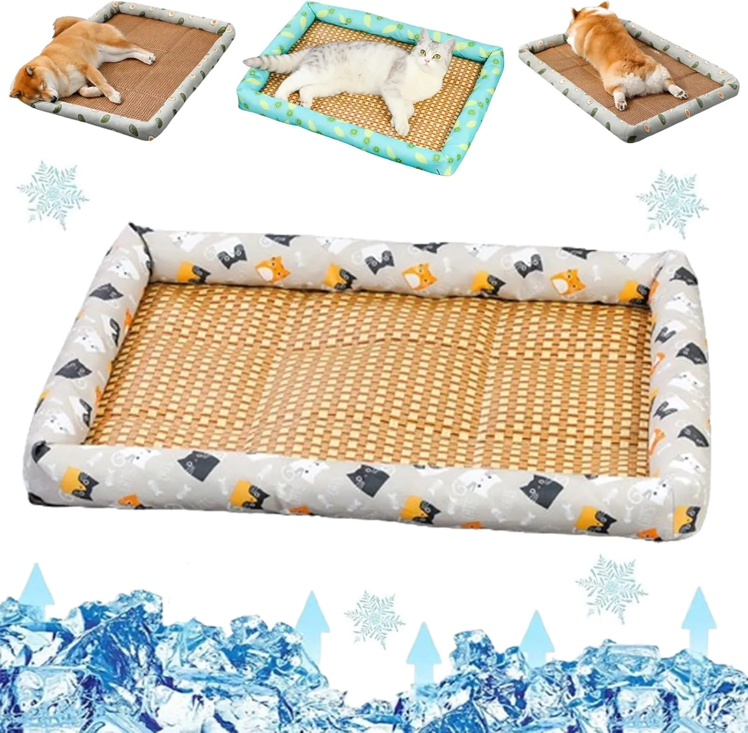 Pet Ice Pad Mat, Flopet Pet Ice Pad Mat, Cats Dogs Cooling Bed, Pet Cooling Ice Mat, Ice Rattan Cooling Bed for Cats Dogs, Washable Summer Pet Ice Mat Sleeping Pad with Pillow (50 * 40cm,C)