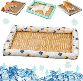 Pet Ice Pad Mat, Flopet Pet Ice Pad Mat, Cats Dogs Cooling Bed, Pet Cooling Ice Mat, Ice Rattan Cooling Bed for Cats Dogs, Washable Summer Pet Ice Mat Sleeping Pad with Pillow (50 * 40cm,C)