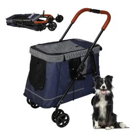 Pet Wagon Double Dog Stroller for Large Dogs or Multiple Dogs Cats with 4 Wheels, Dog Cat Cart with Dual Entry Portable Quick One-Step Folding Travel Carrier Cart, Dark Blue