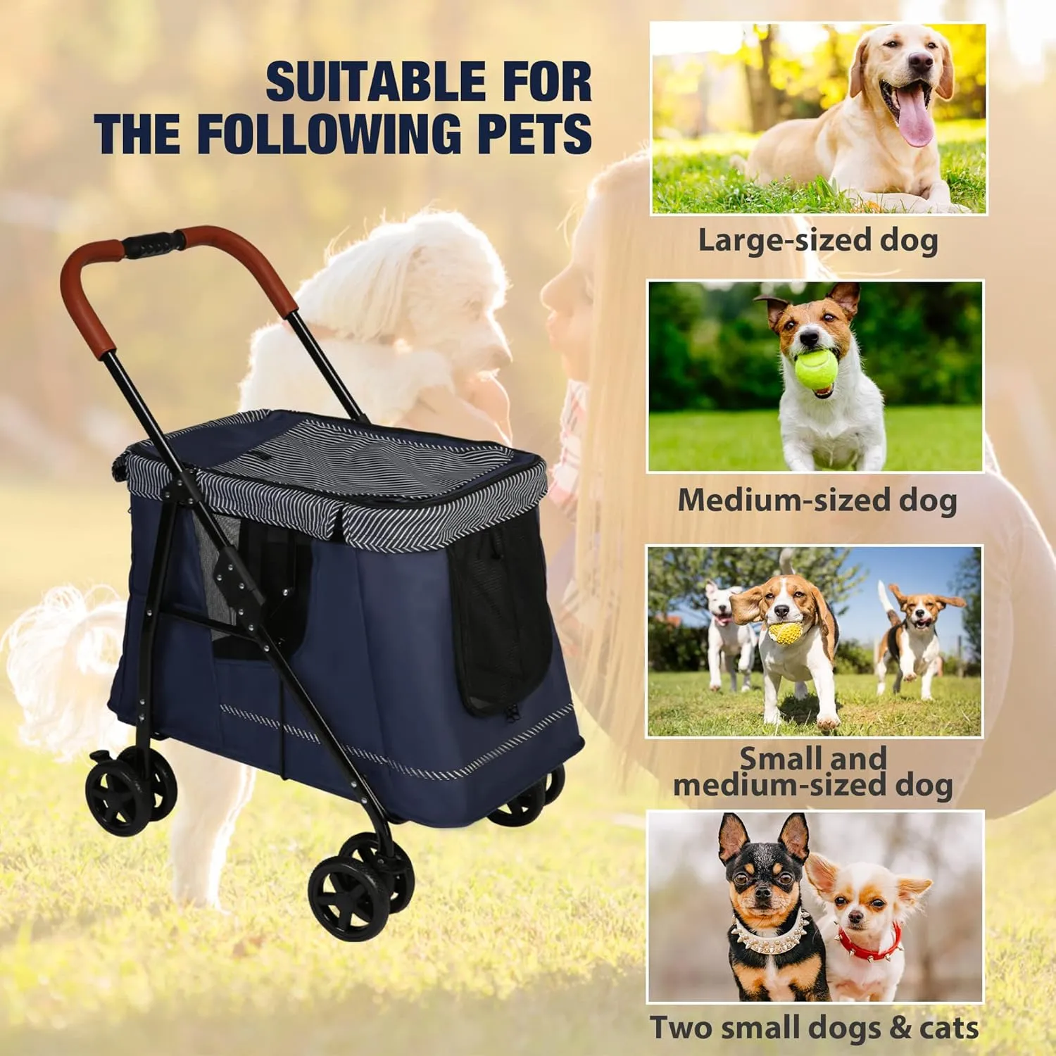 Pet Wagon Double Dog Stroller for Large Dogs or Multiple Dogs Cats with 4 Wheels, Dog Cat Cart with Dual Entry Portable Quick One-Step Folding Travel Carrier Cart, Dark Blue