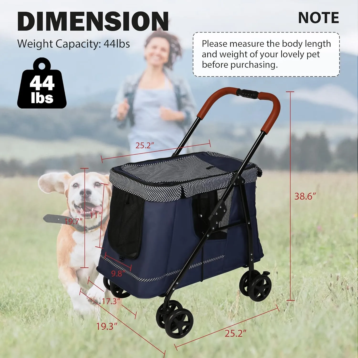Pet Wagon Double Dog Stroller for Large Dogs or Multiple Dogs Cats with 4 Wheels, Dog Cat Cart with Dual Entry Portable Quick One-Step Folding Travel Carrier Cart, Dark Blue