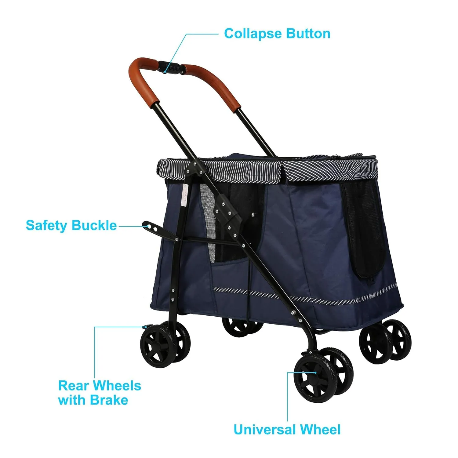 Pet Wagon Double Dog Stroller for Large Dogs or Multiple Dogs Cats with 4 Wheels, Dog Cat Cart with Dual Entry Portable Quick One-Step Folding Travel Carrier Cart, Dark Blue