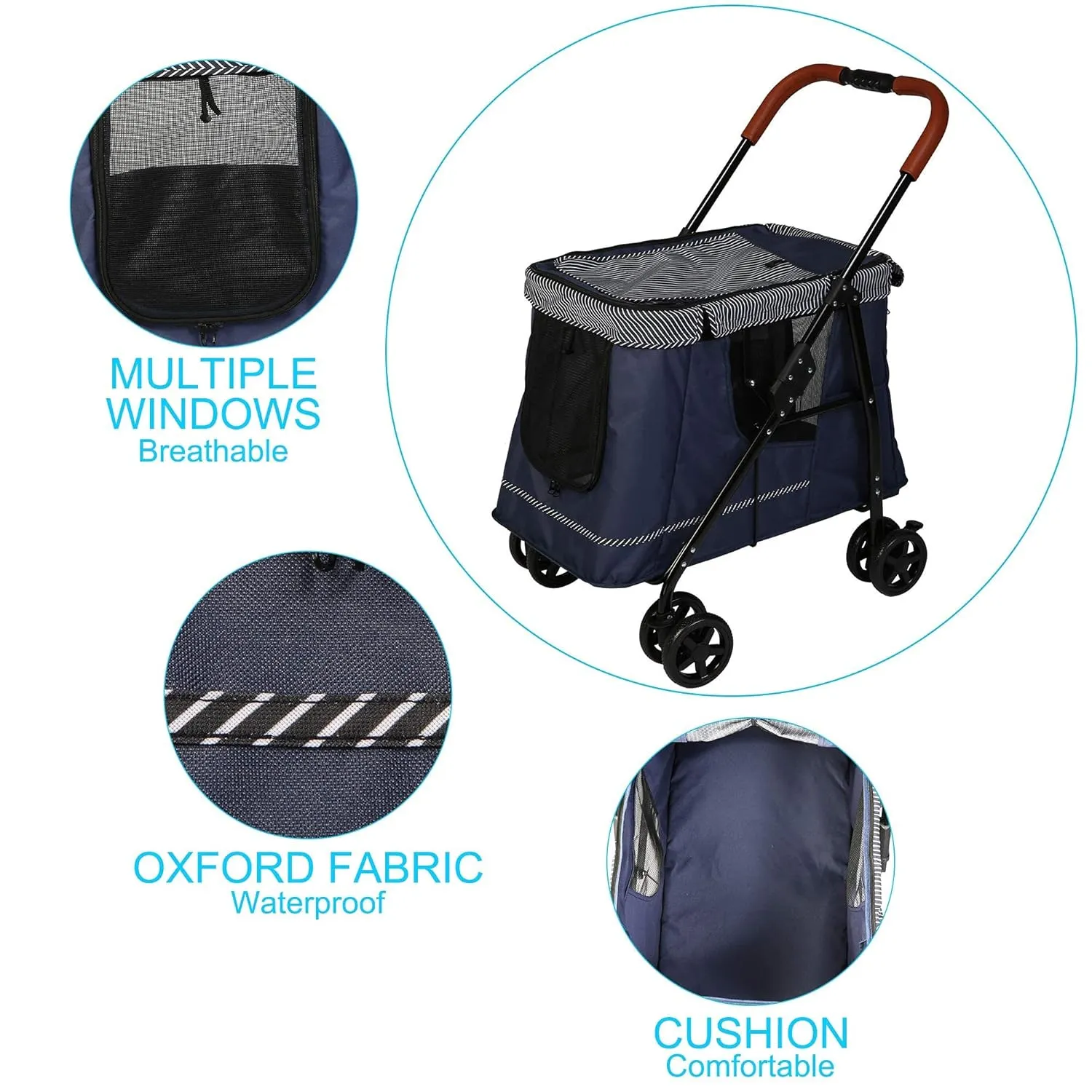 Pet Wagon Double Dog Stroller for Large Dogs or Multiple Dogs Cats with 4 Wheels, Dog Cat Cart with Dual Entry Portable Quick One-Step Folding Travel Carrier Cart, Dark Blue
