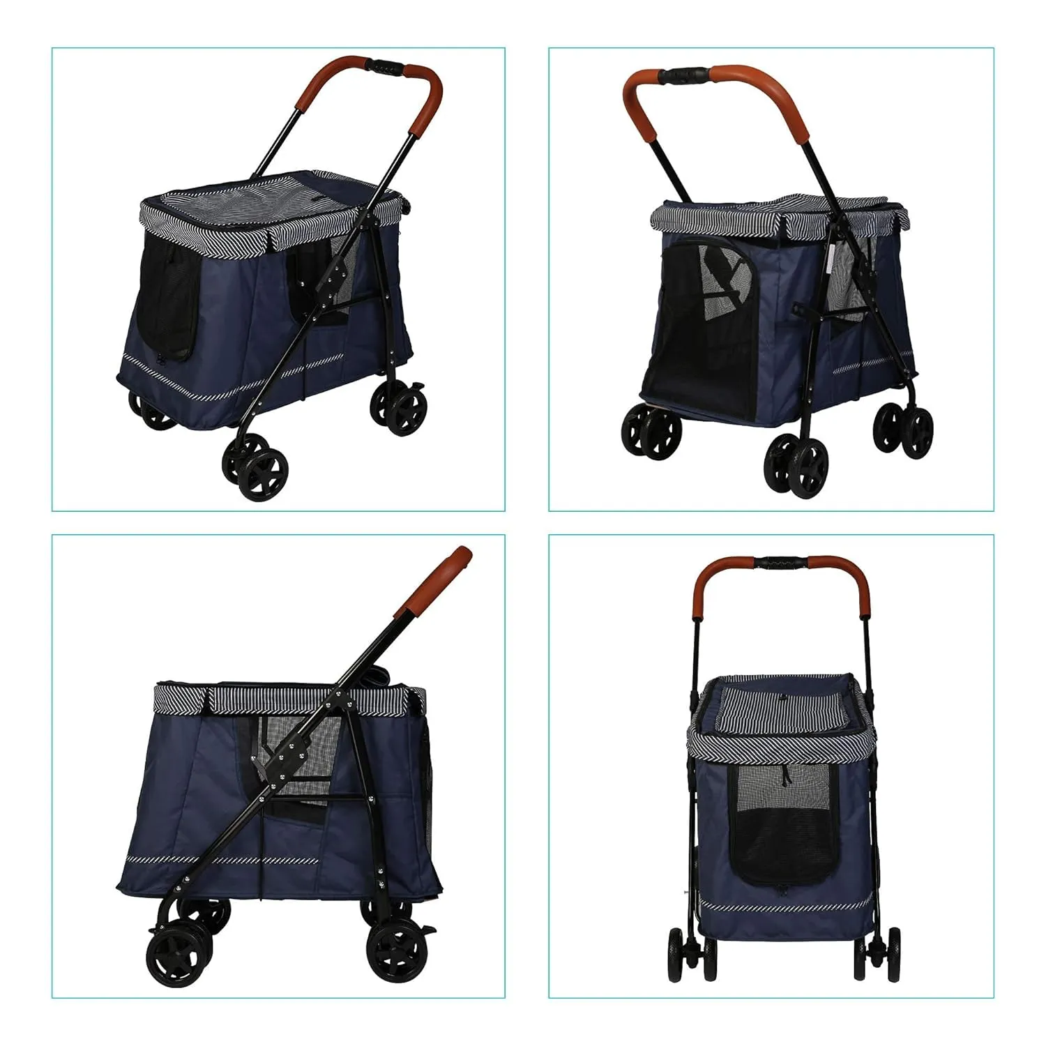Pet Wagon Double Dog Stroller for Large Dogs or Multiple Dogs Cats with 4 Wheels, Dog Cat Cart with Dual Entry Portable Quick One-Step Folding Travel Carrier Cart, Dark Blue