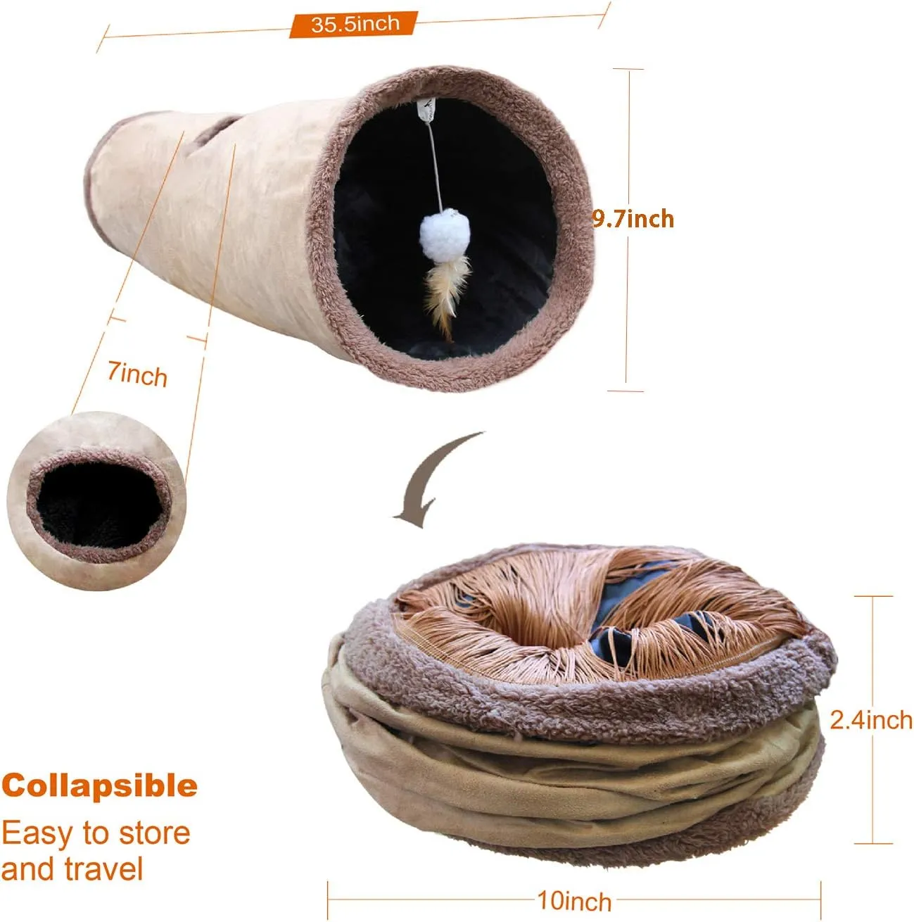 Petest Collapsible Cat Tunnel Pet Play Tube Crinkle Tunnel with Cat ToysLength 35" Diameter 9.7"